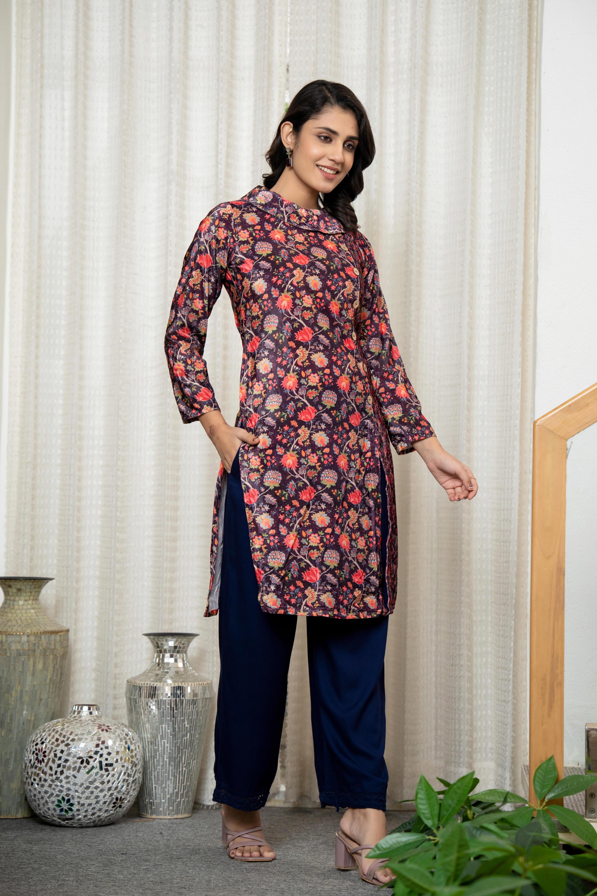 Multi Color Floral Printed Velvet Kurta With Buttons
