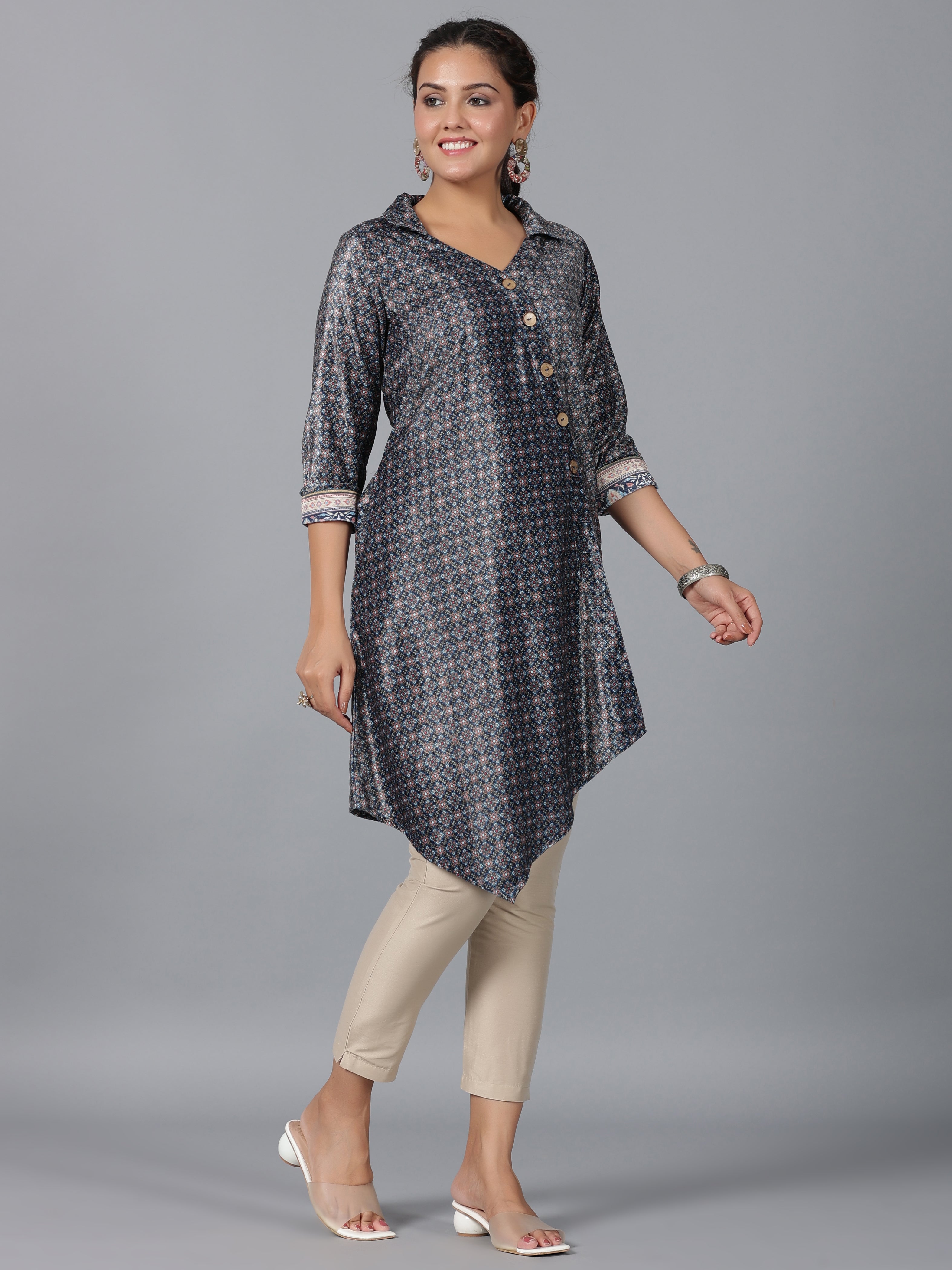 Juniper Green Geometric Printed Velvet Asymmetric Kurta.