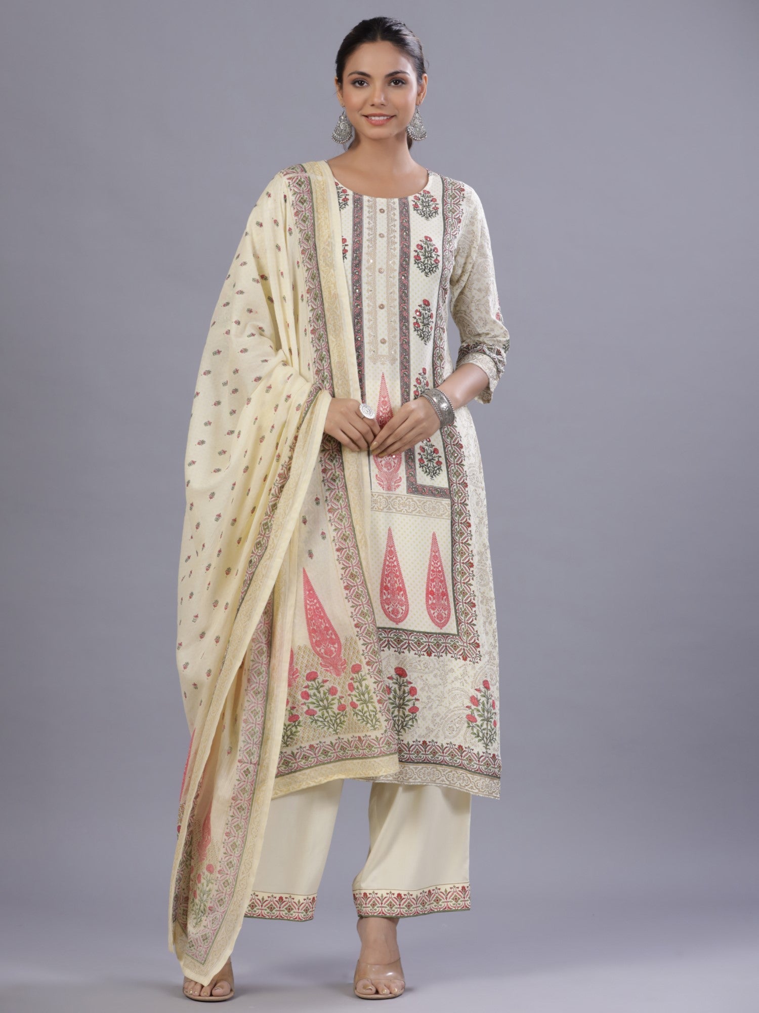 Juniper Yellow Ethnic Printed Rayon Kurta Pants and Dupatta Set