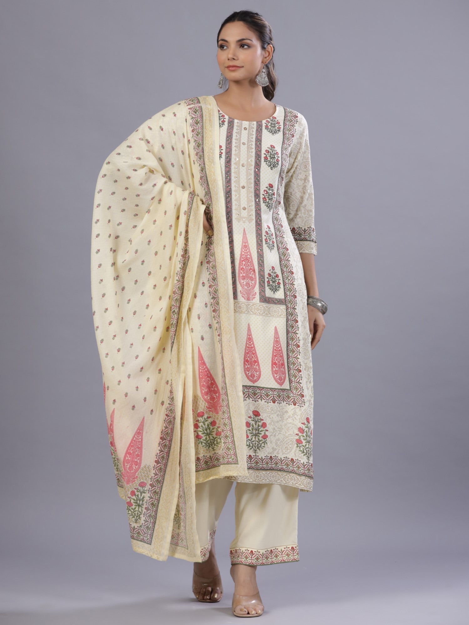 Juniper Yellow Ethnic Printed Rayon Kurta Pants and Dupatta Set