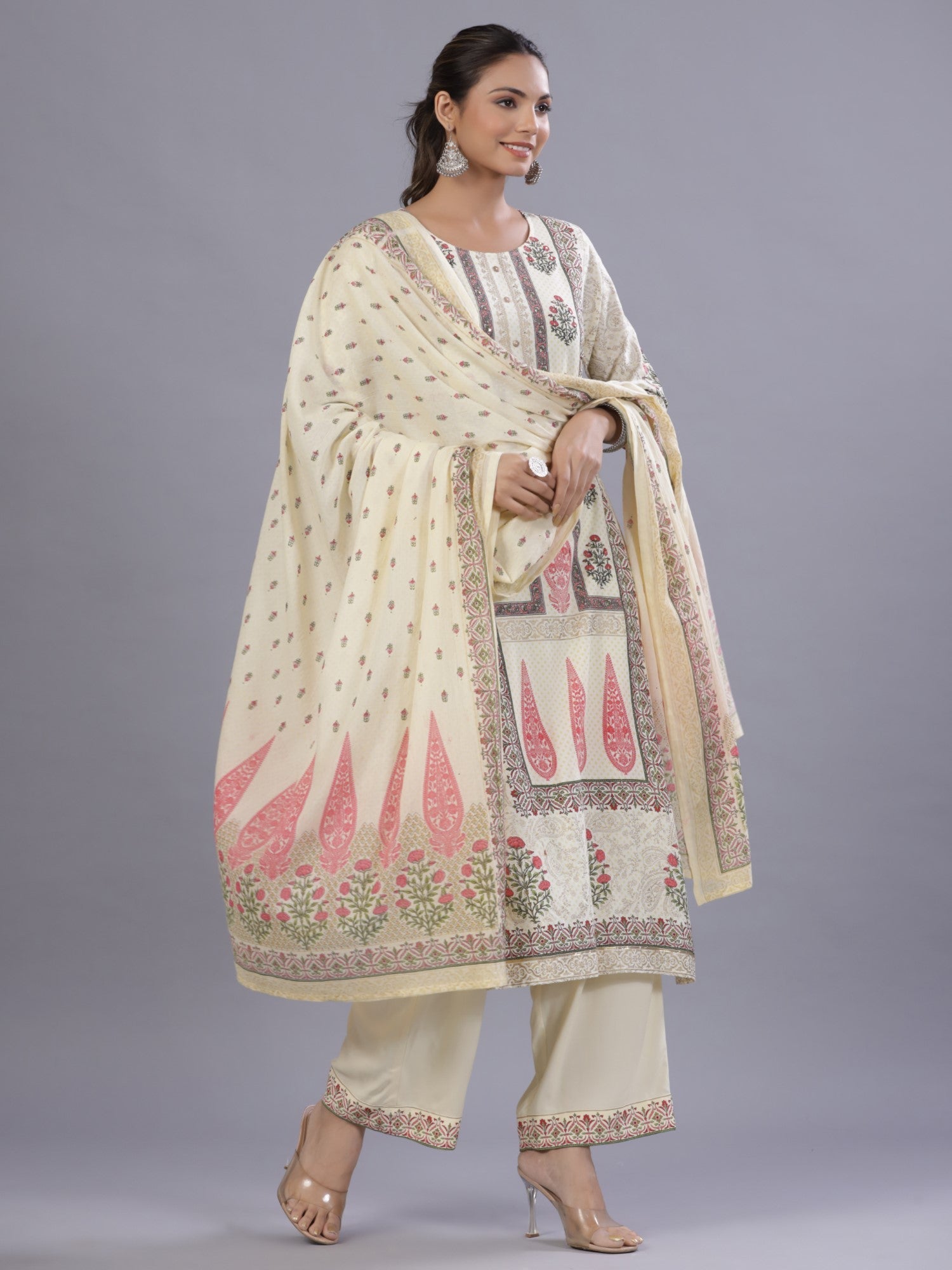 Juniper Yellow Ethnic Printed Rayon Kurta Pants and Dupatta Set