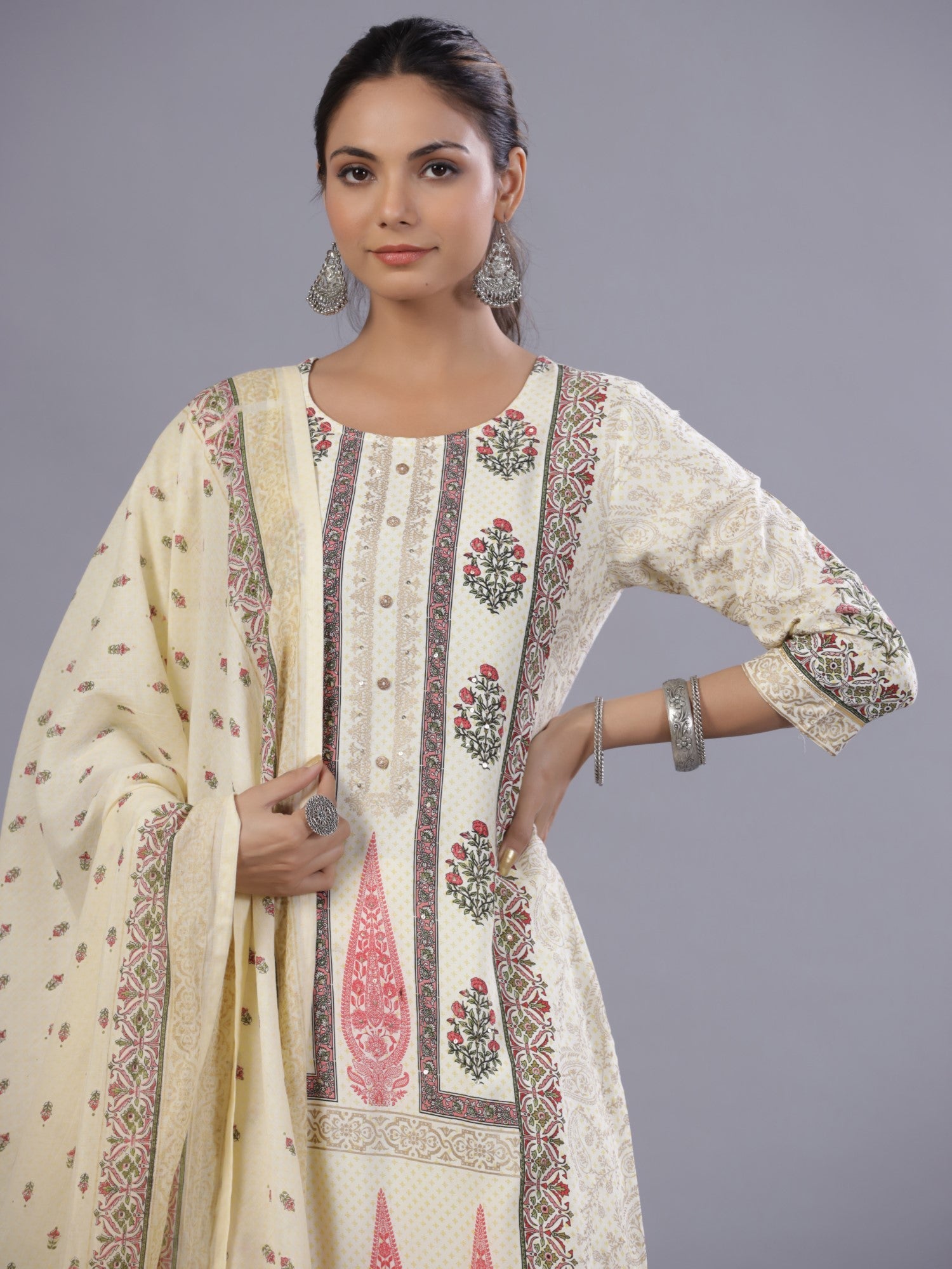 Juniper Yellow Ethnic Printed Rayon Kurta Pants and Dupatta Set