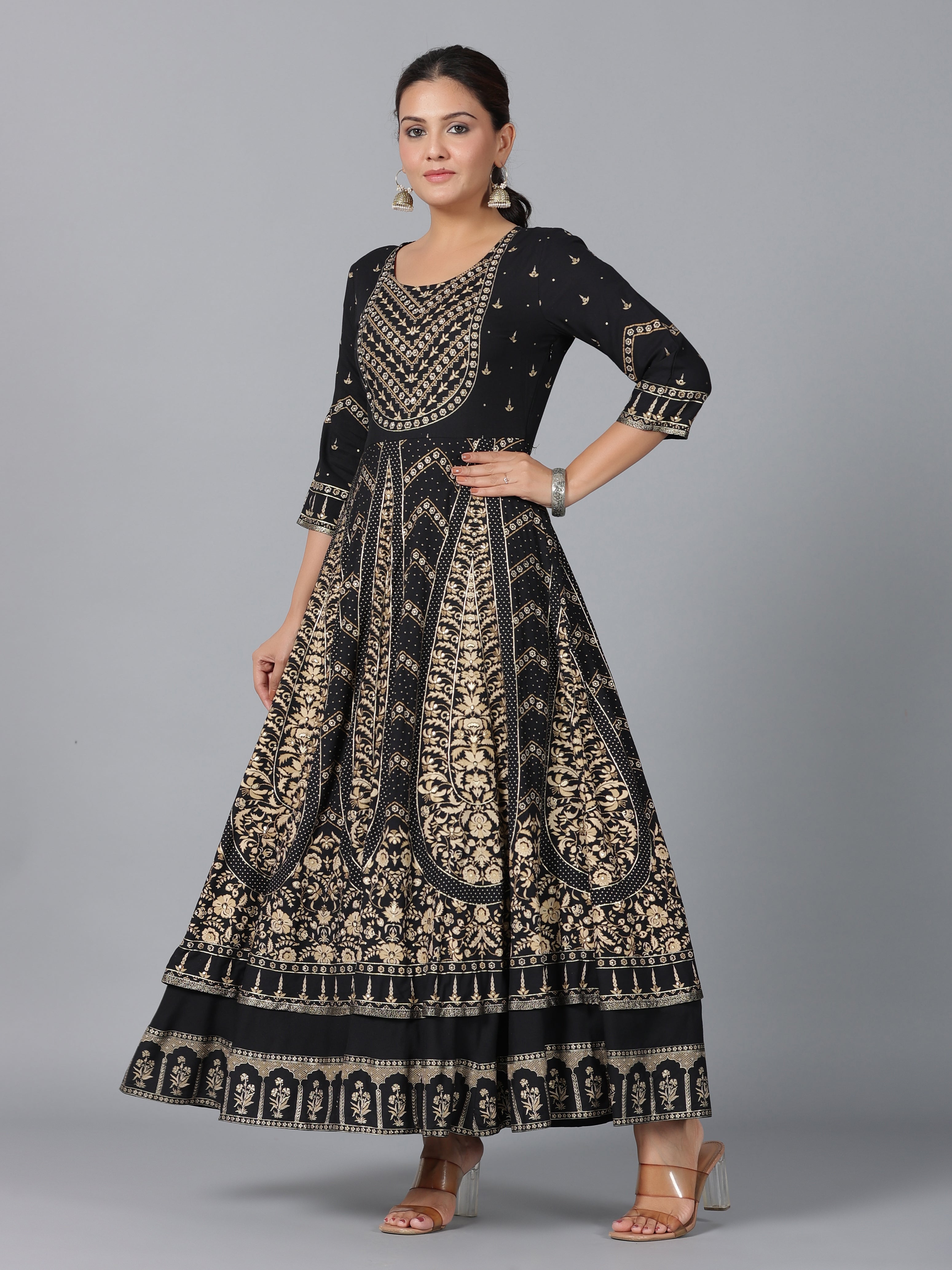 Juniper Women Black LIVA Printed Anarkali Dress