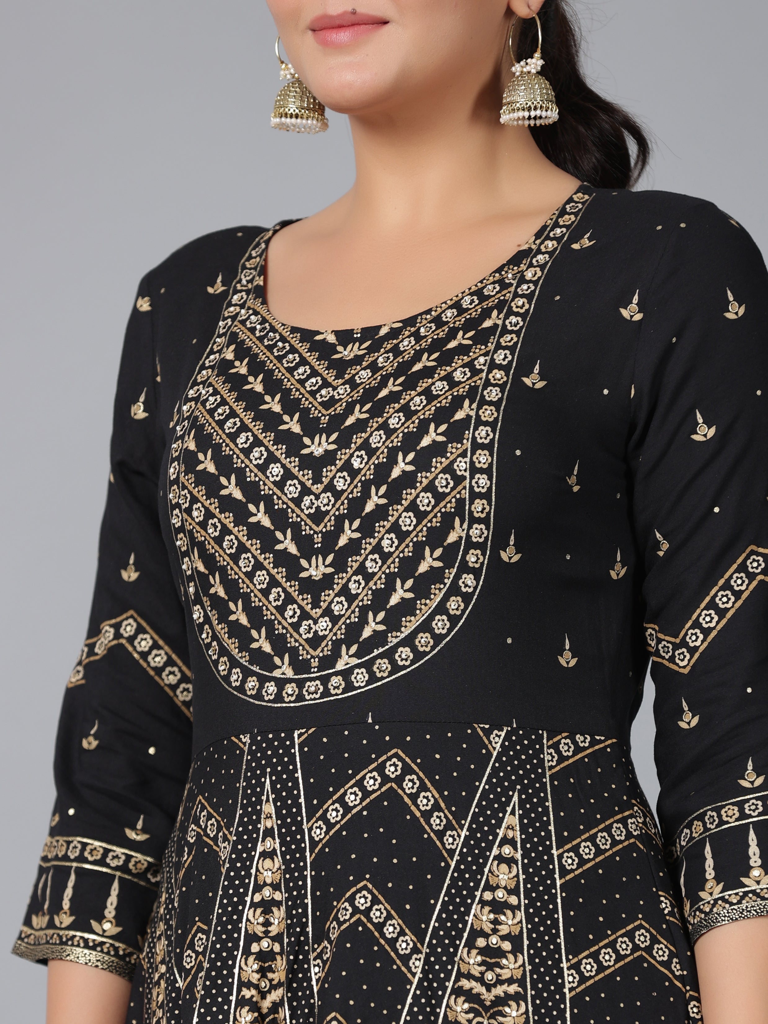 Juniper Women Black LIVA Printed Anarkali Dress