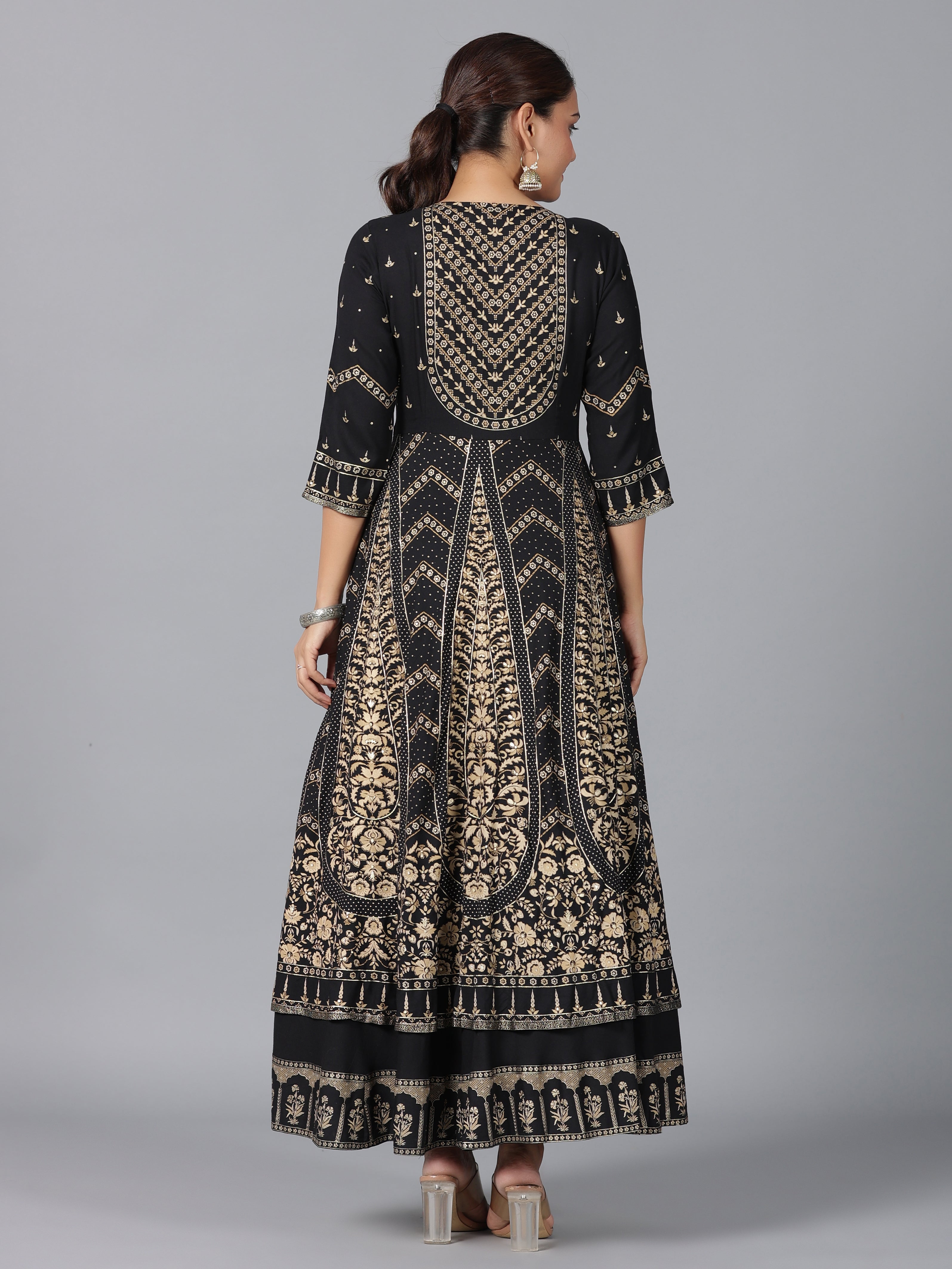 Juniper Women Black LIVA Printed Anarkali Dress