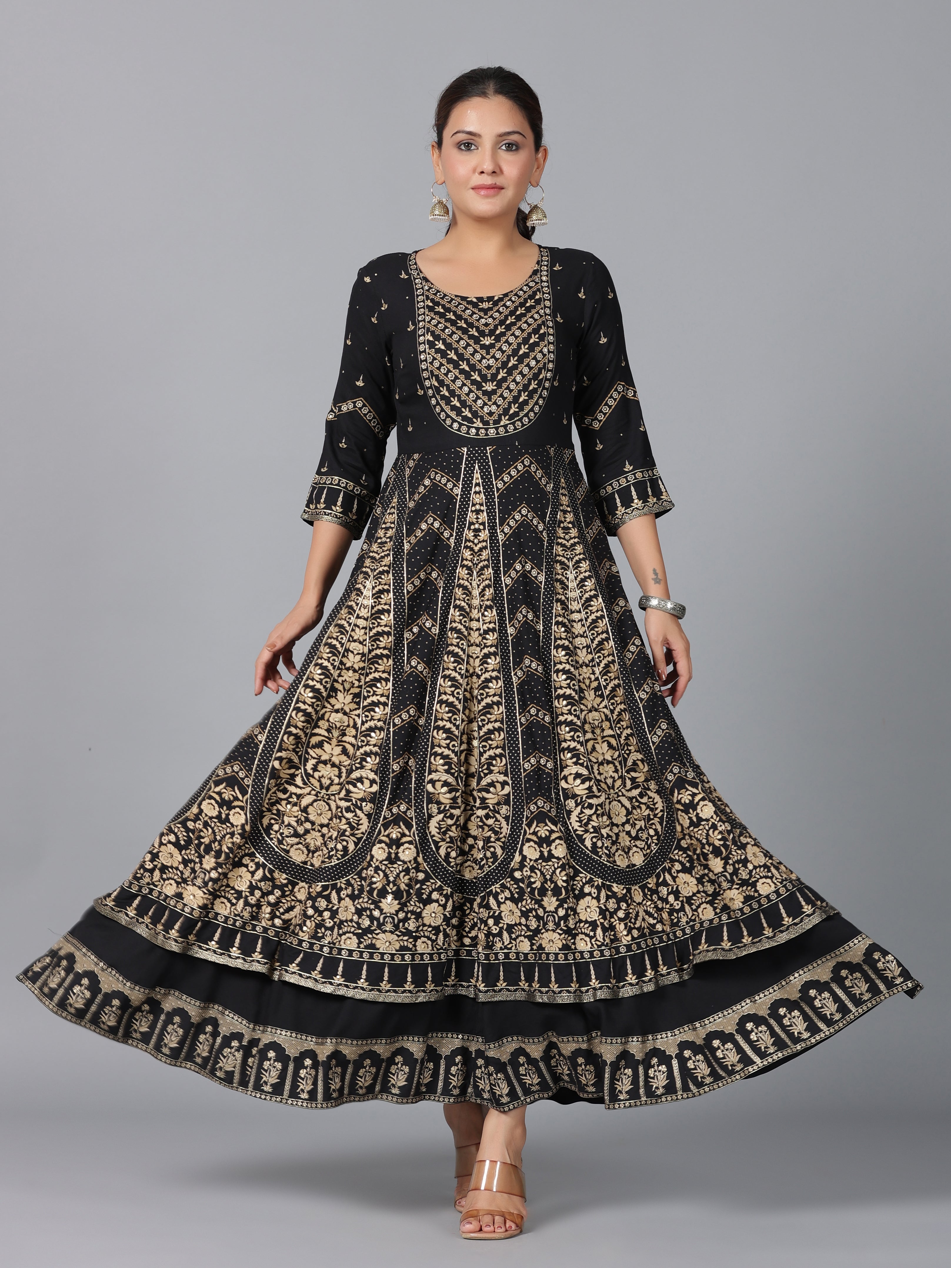 Juniper Women Black LIVA Printed Anarkali Dress