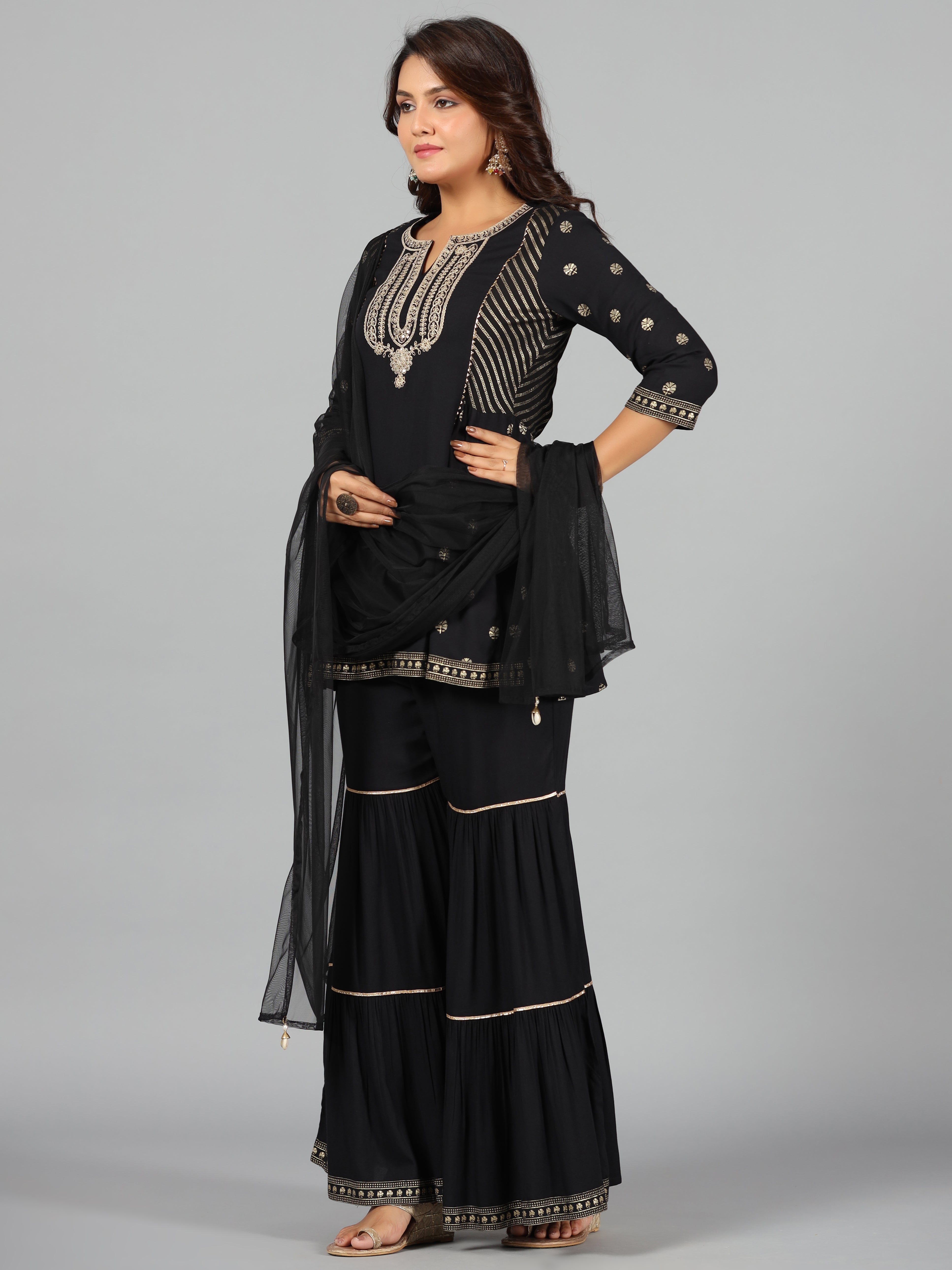 Juniper Women Black Rayon Printed Kurta, Sharara & Dupatta Set