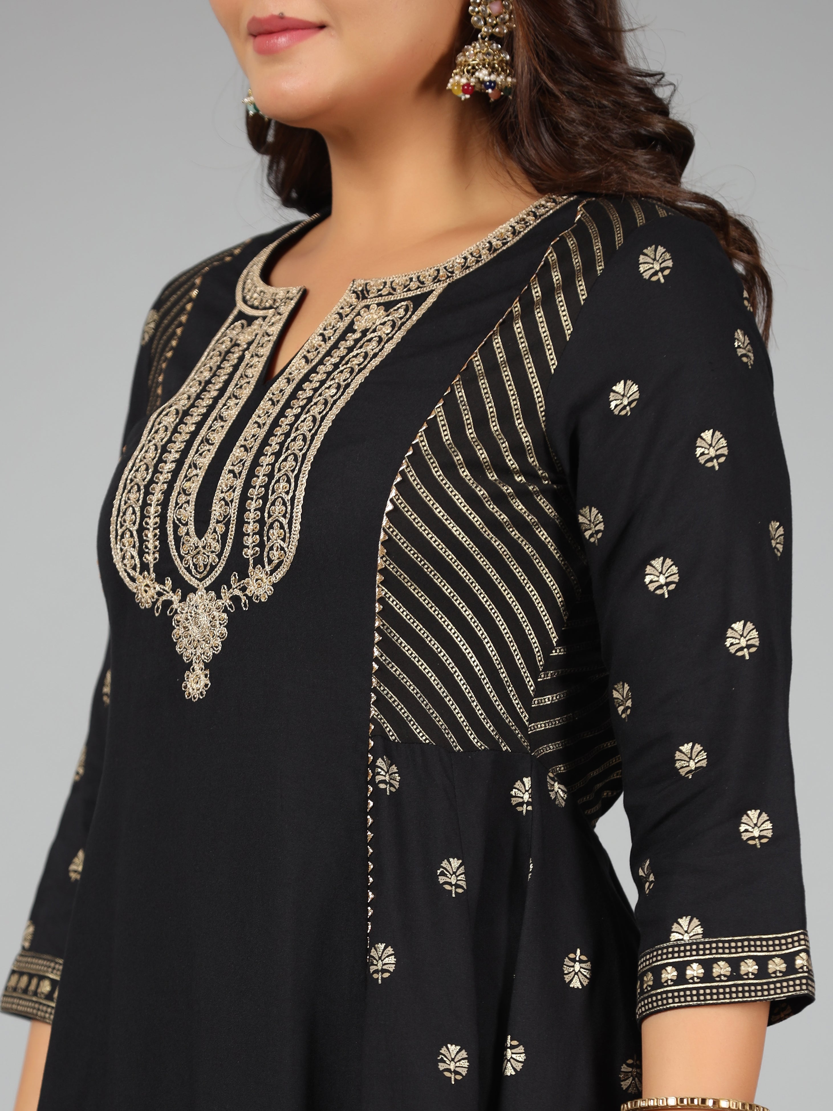 Juniper Women Black Rayon Printed Kurta, Sharara & Dupatta Set