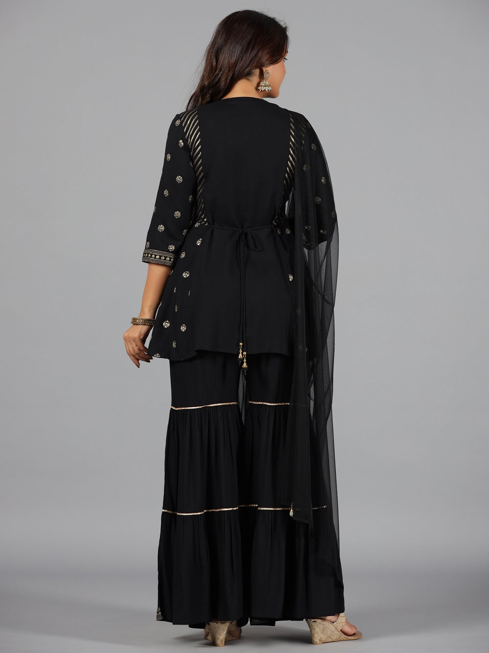 Juniper Women Black Rayon Printed Kurta, Sharara & Dupatta Set