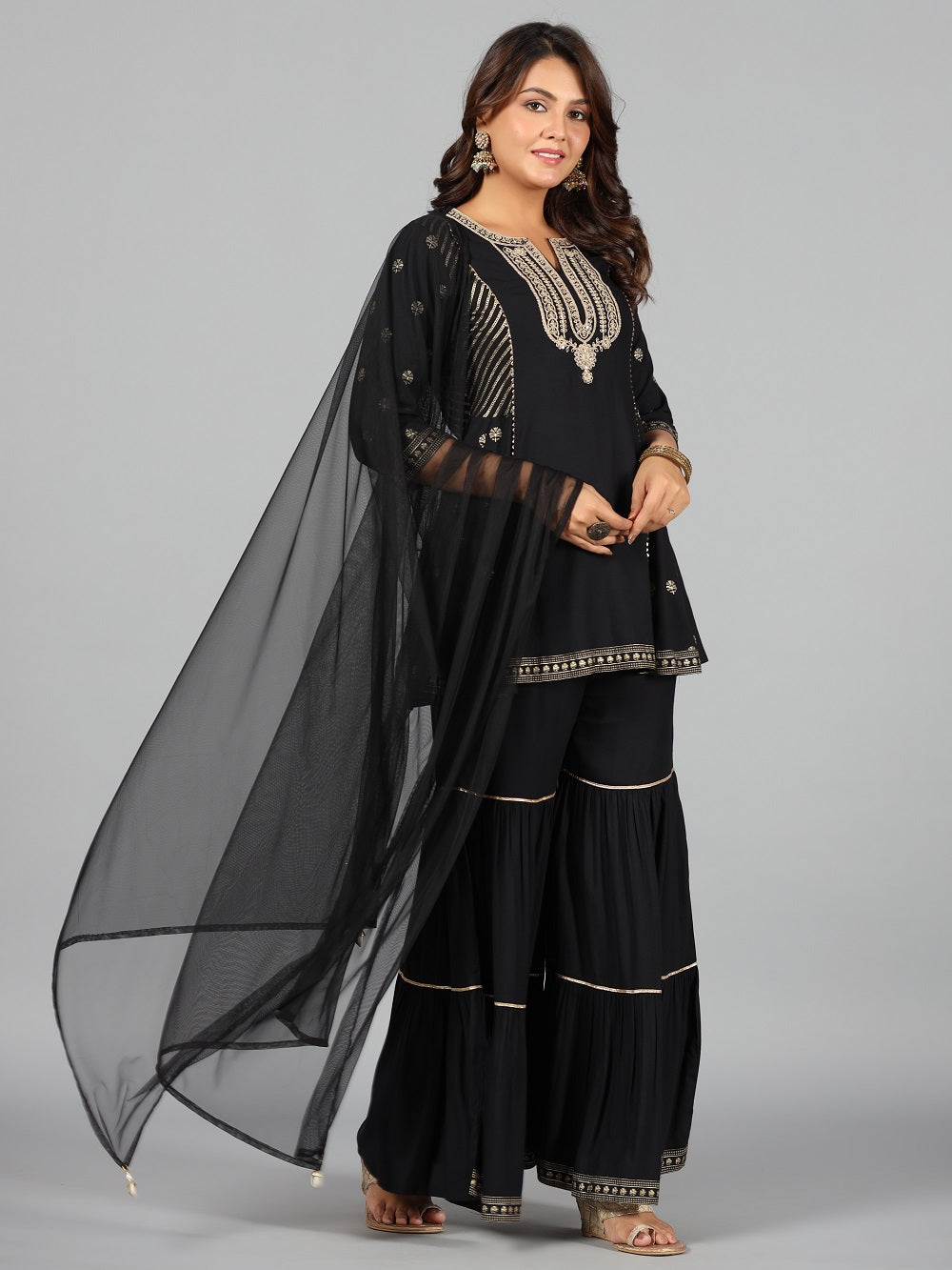 Juniper Women Black Rayon Printed Kurta, Sharara & Dupatta Set