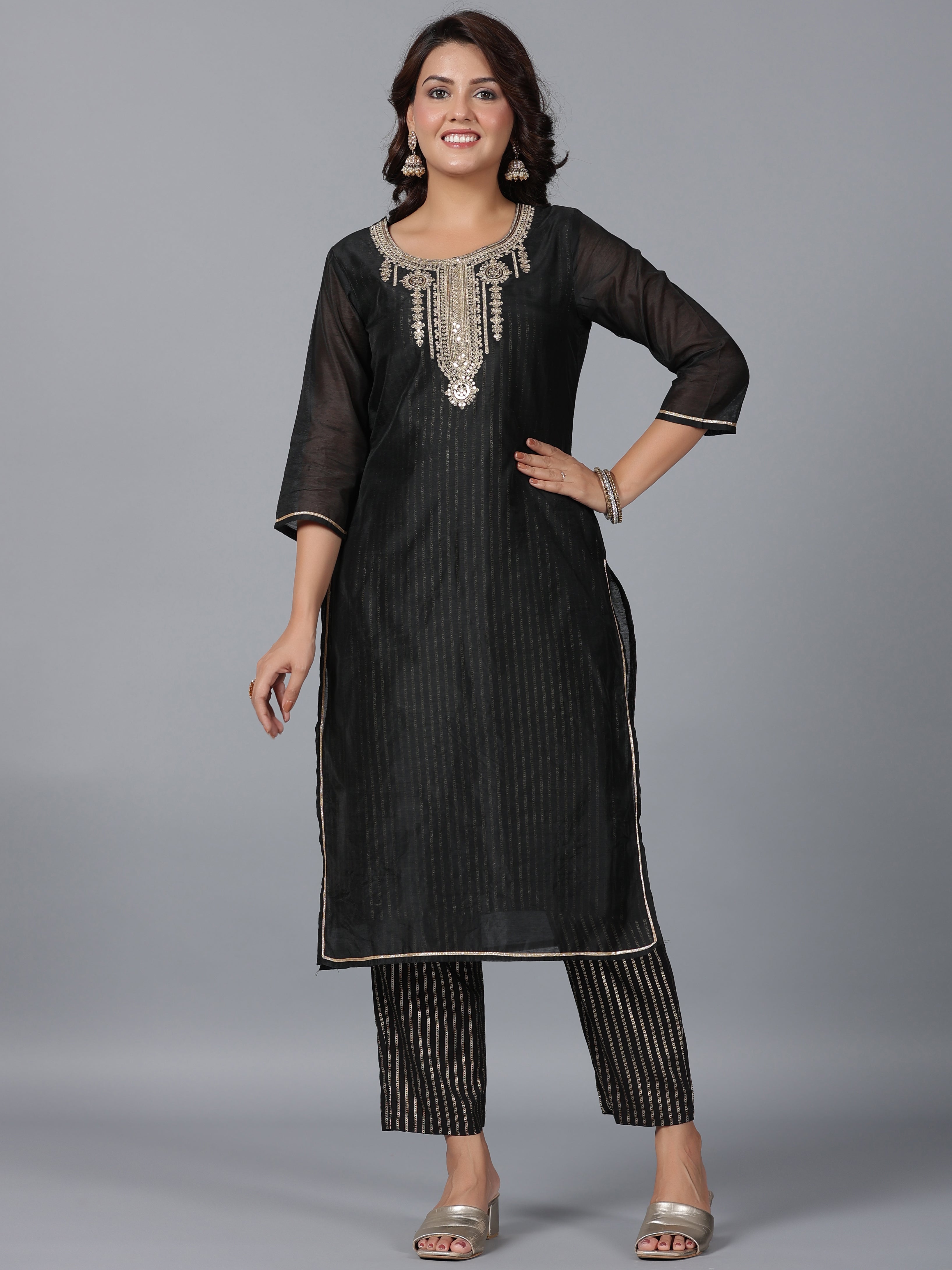 Juniper Women Black Chanderi Printed with Embroidery Kurta, Pants & Dupatta Set