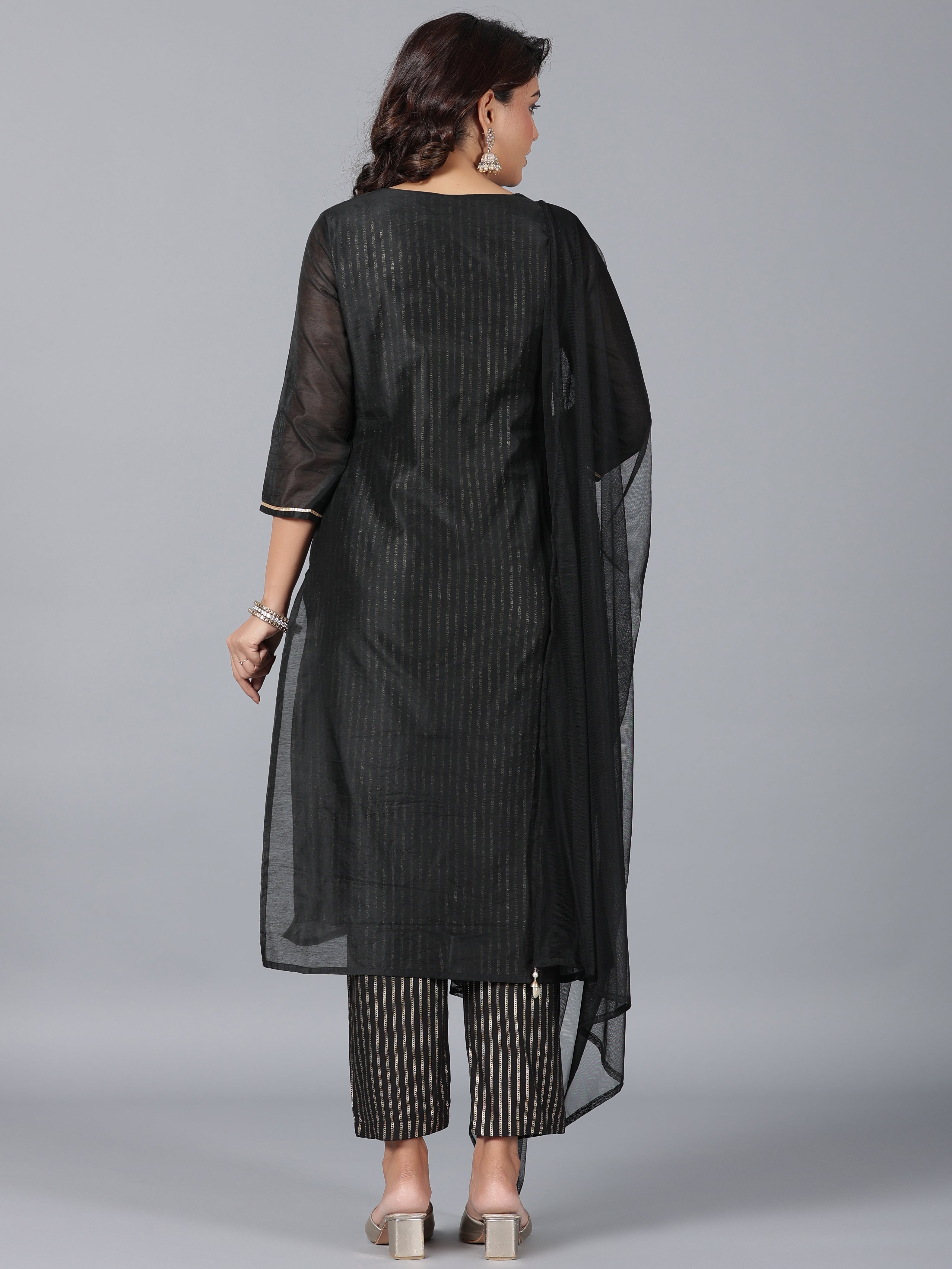 Juniper Women Black Chanderi Printed with Embroidery Kurta, Pants & Dupatta Set