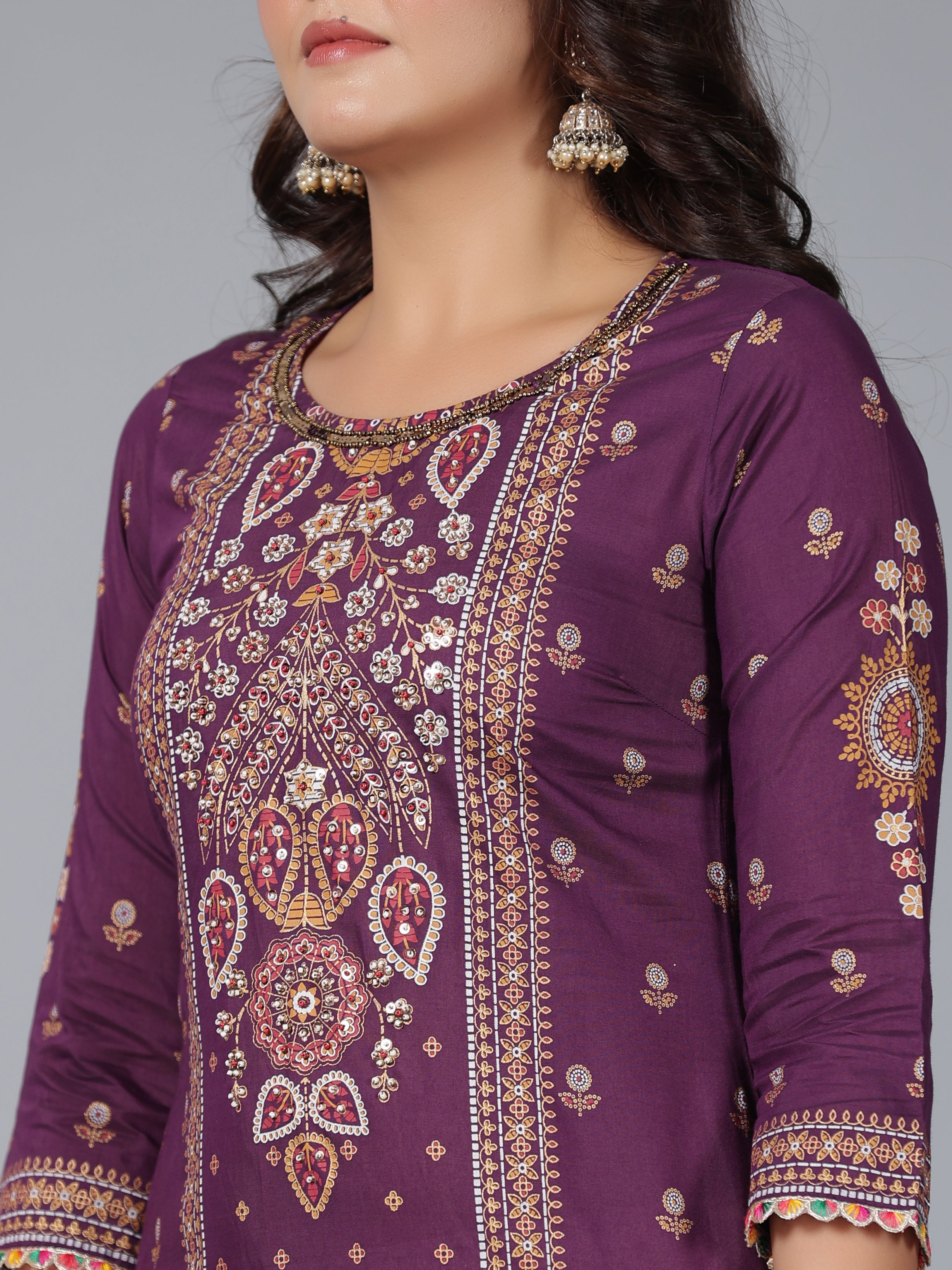 Juniper Women Purple Chanderi Printed Kurta Pants & Dupatta Set