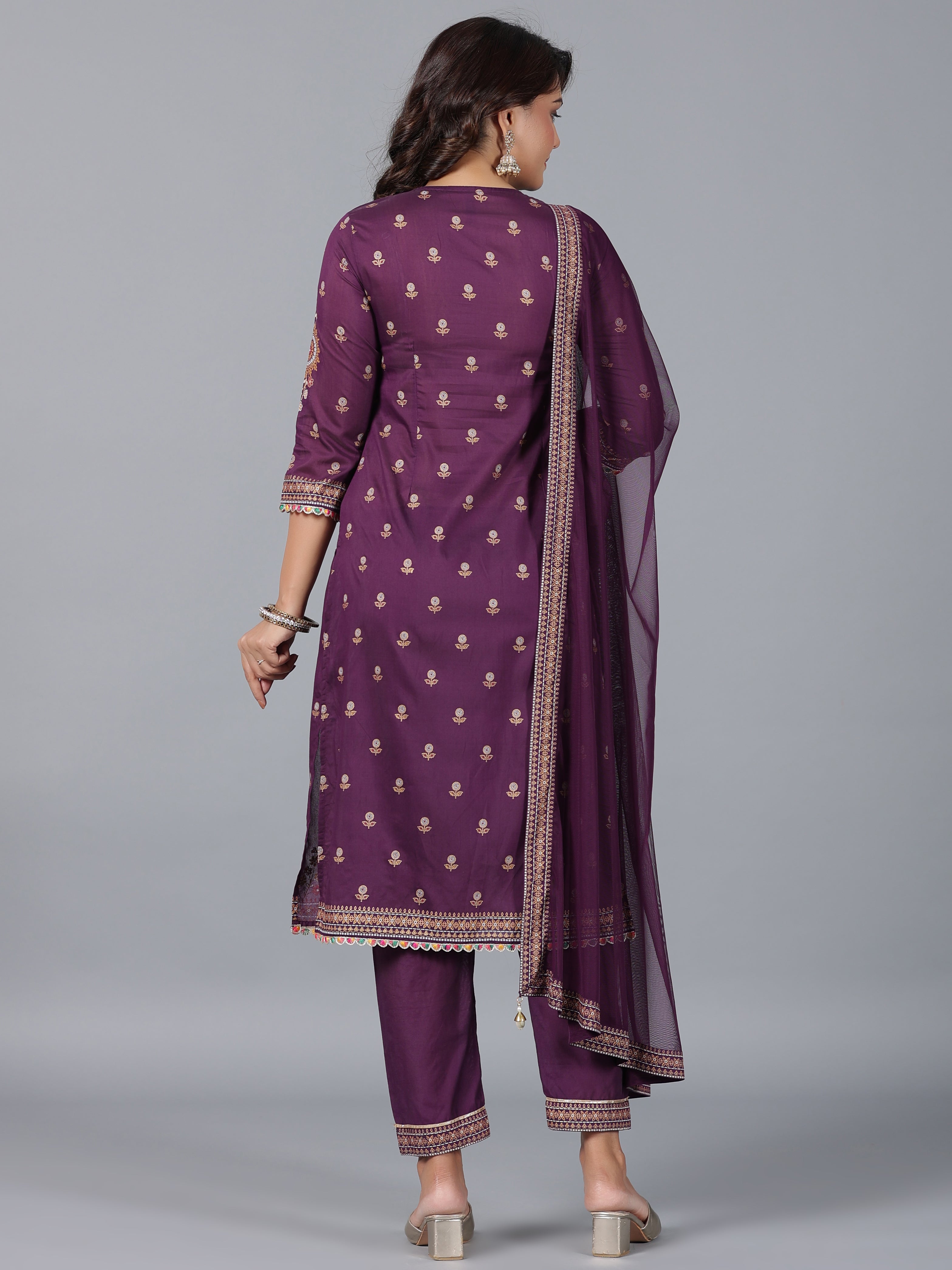 Juniper Women Purple Chanderi Printed Kurta Pants & Dupatta Set