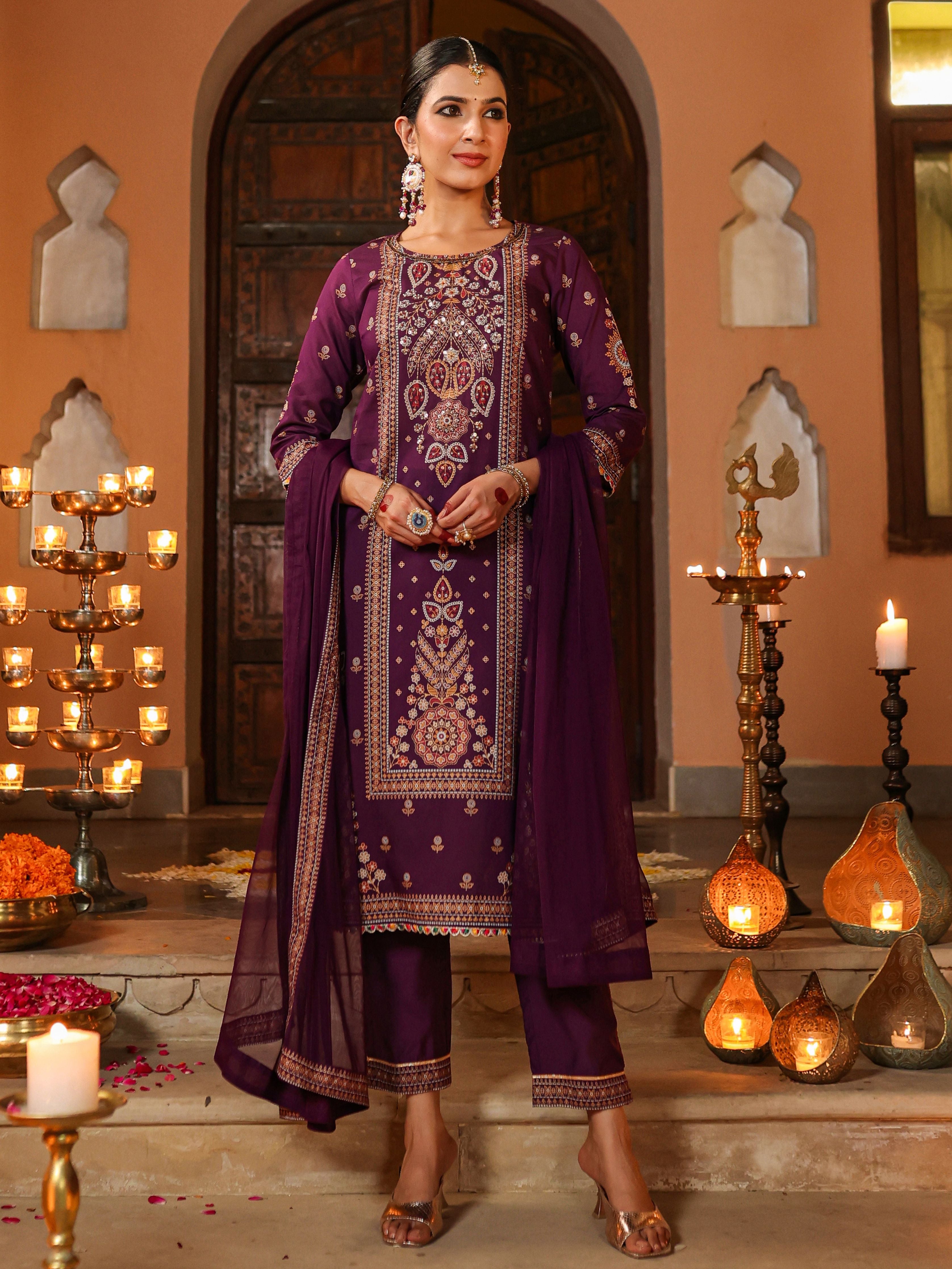 Juniper Women Purple Chanderi Printed Kurta Pants & Dupatta Set
