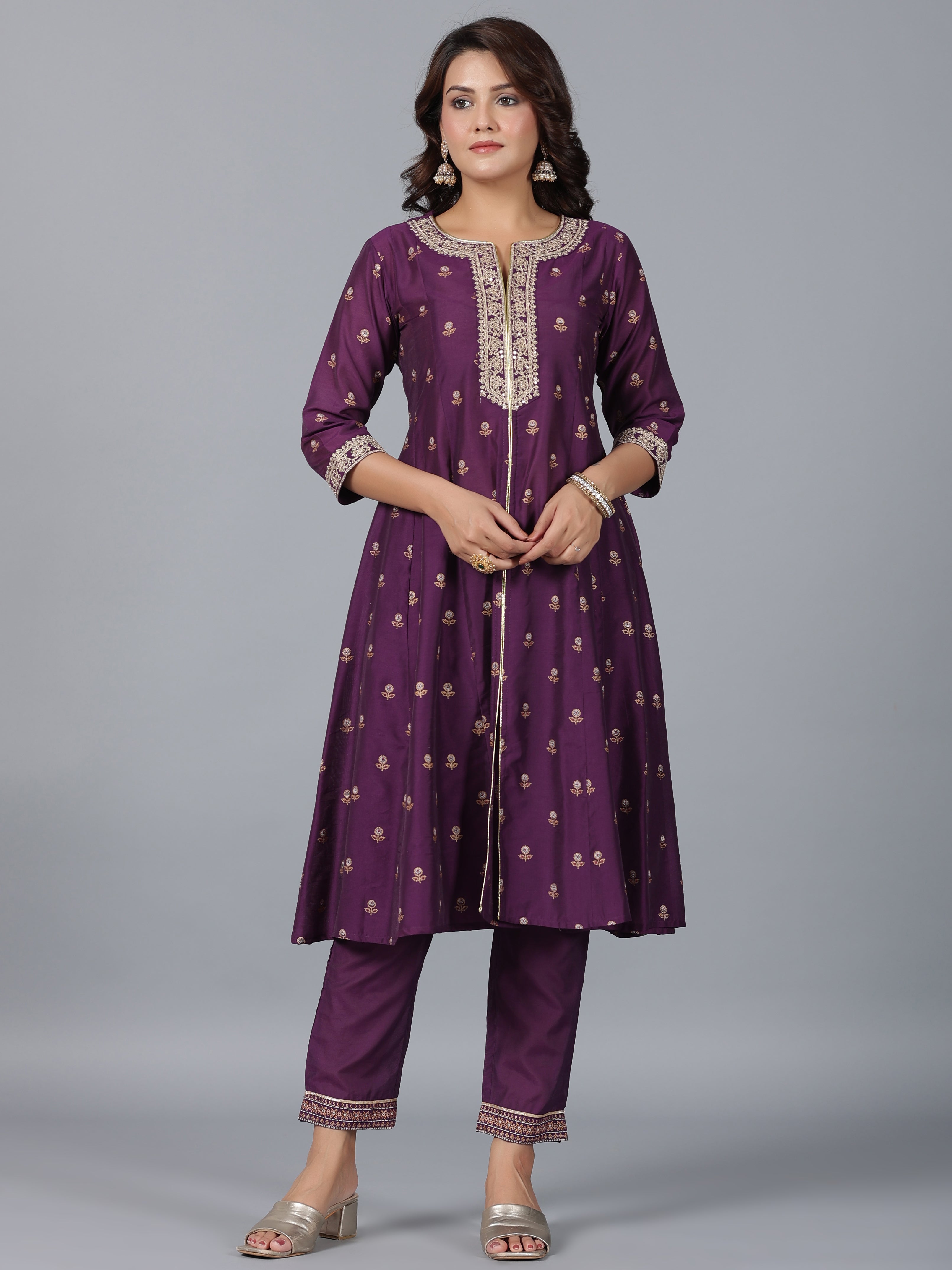 Juniper Women Purple Chanderi Printed with Embroidery Kurta, Pants & Dupatta Sets