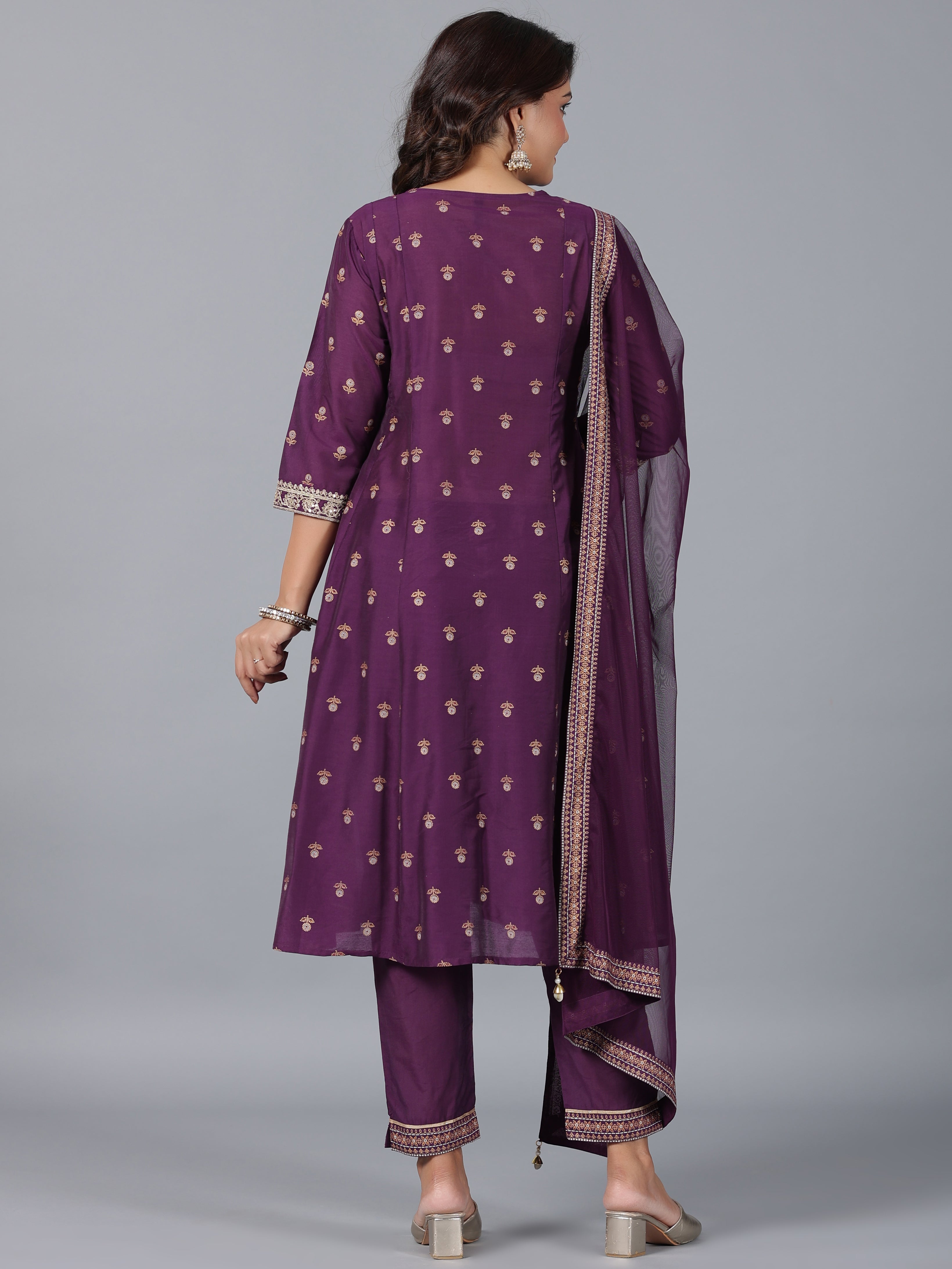 Juniper Women Purple Chanderi Printed with Embroidery Kurta, Pants & Dupatta Sets