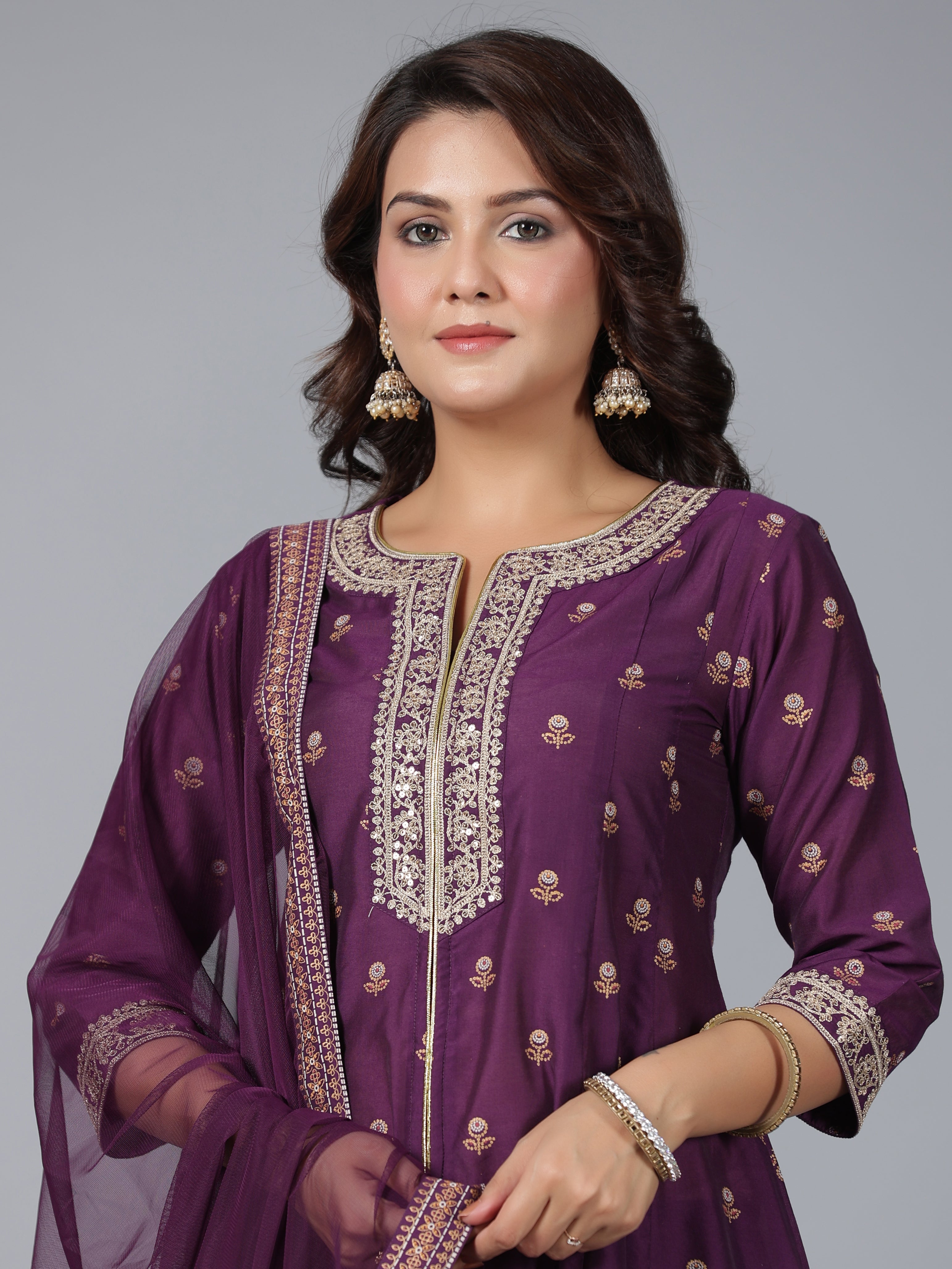 Juniper Women Purple Chanderi Printed with Embroidery Kurta, Pants & Dupatta Sets