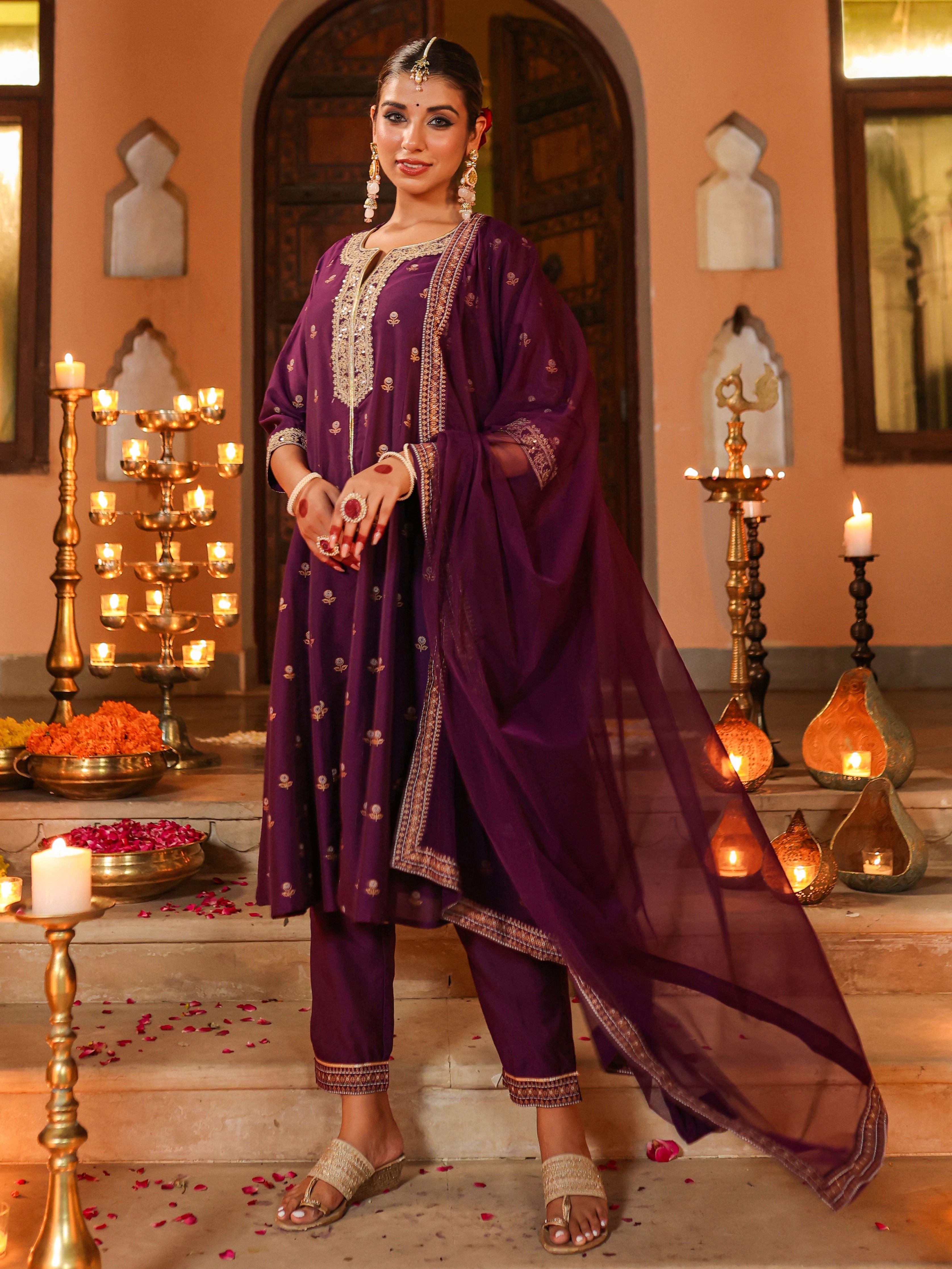 Juniper Women Purple Chanderi Printed with Embroidery Kurta, Pants & Dupatta Sets