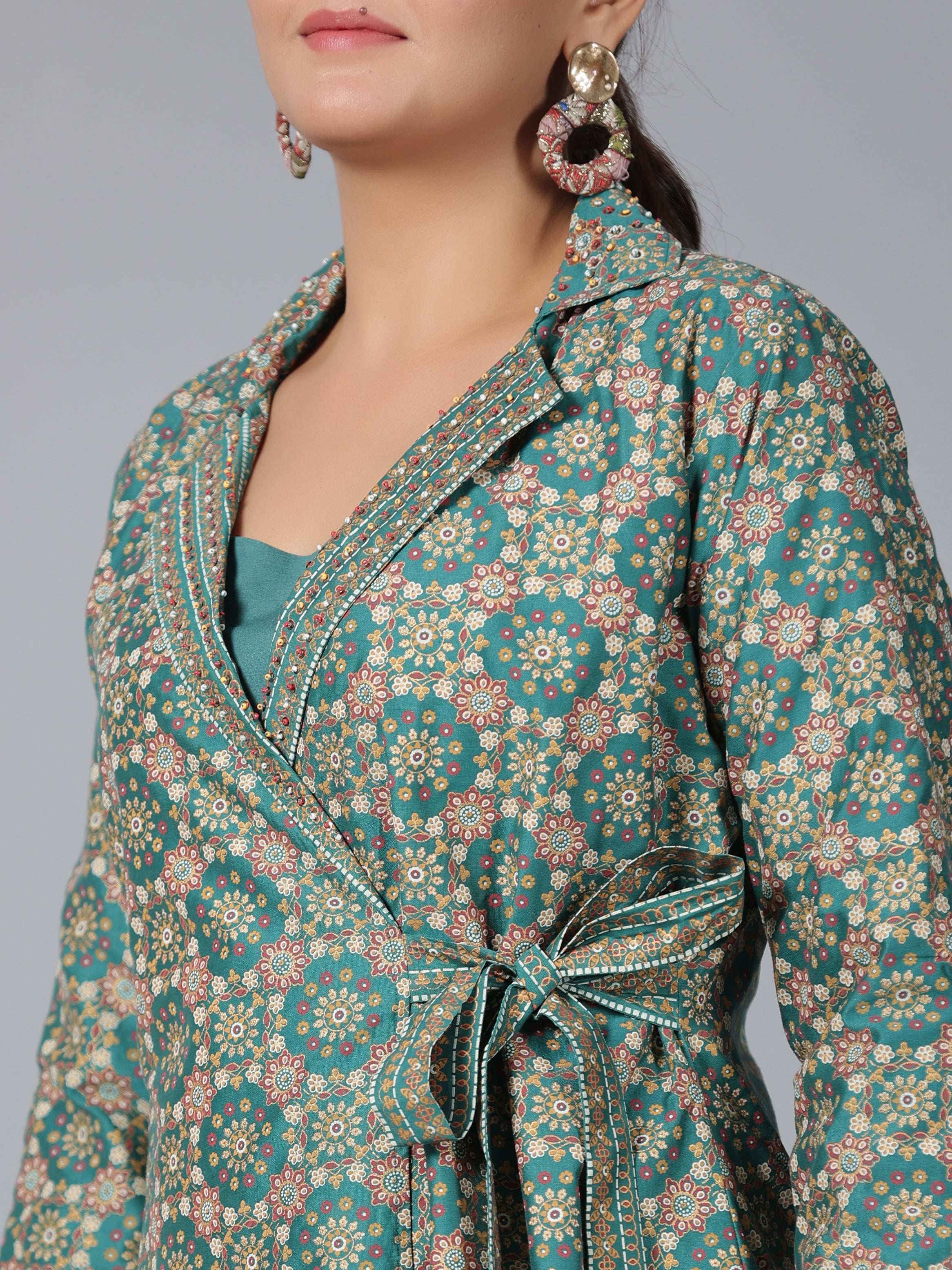 Juniper Women Teal Chanderi Printed Clothing Set