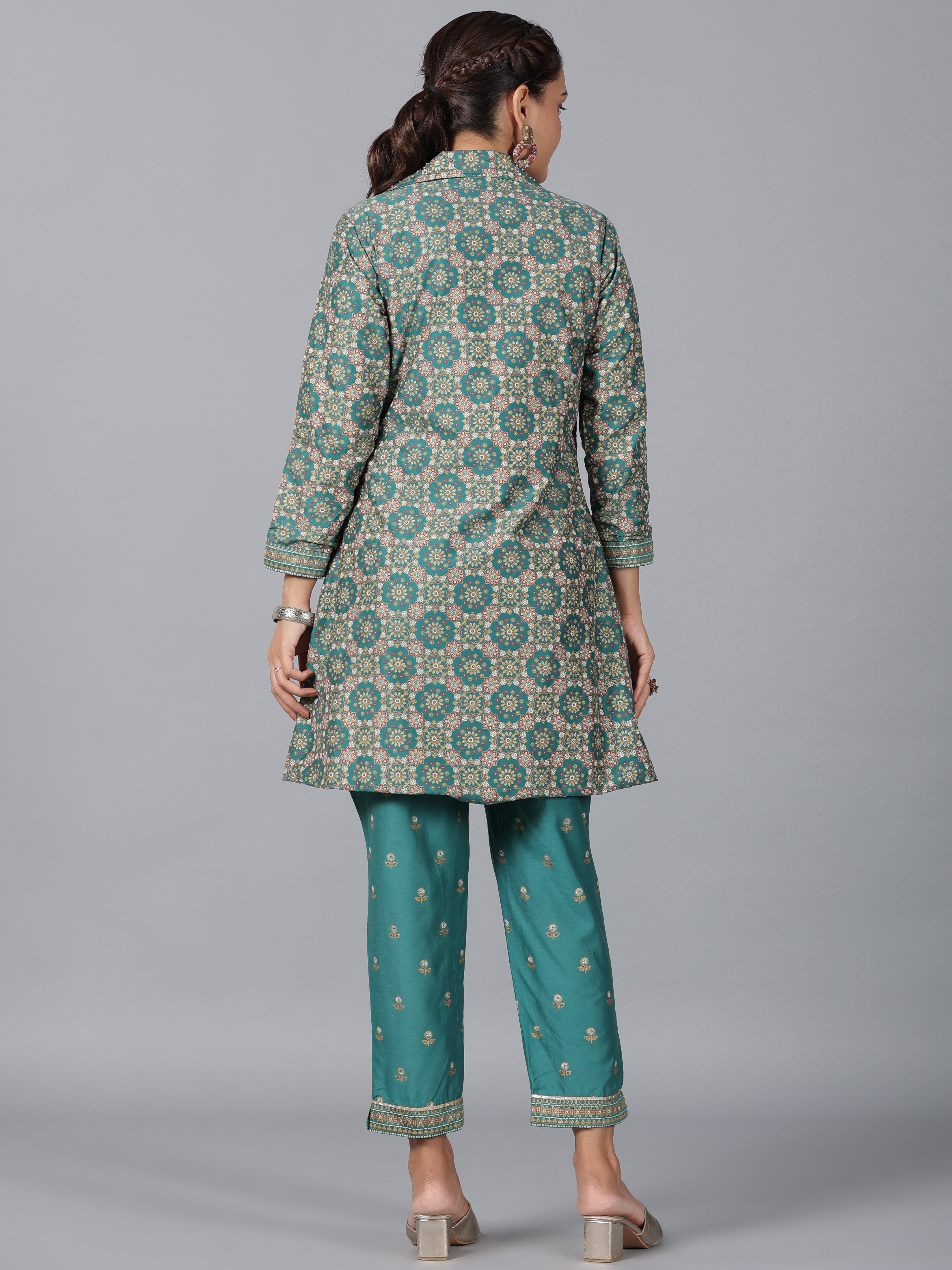 Juniper Women Teal Chanderi Printed Clothing Set