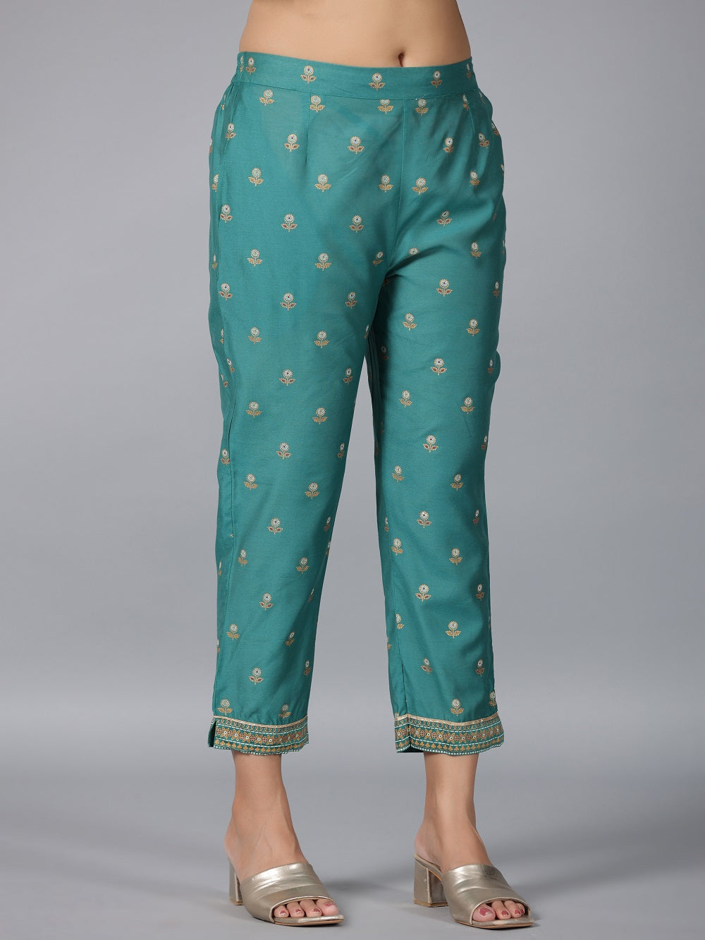 Juniper Women Teal Chanderi Printed Clothing Set