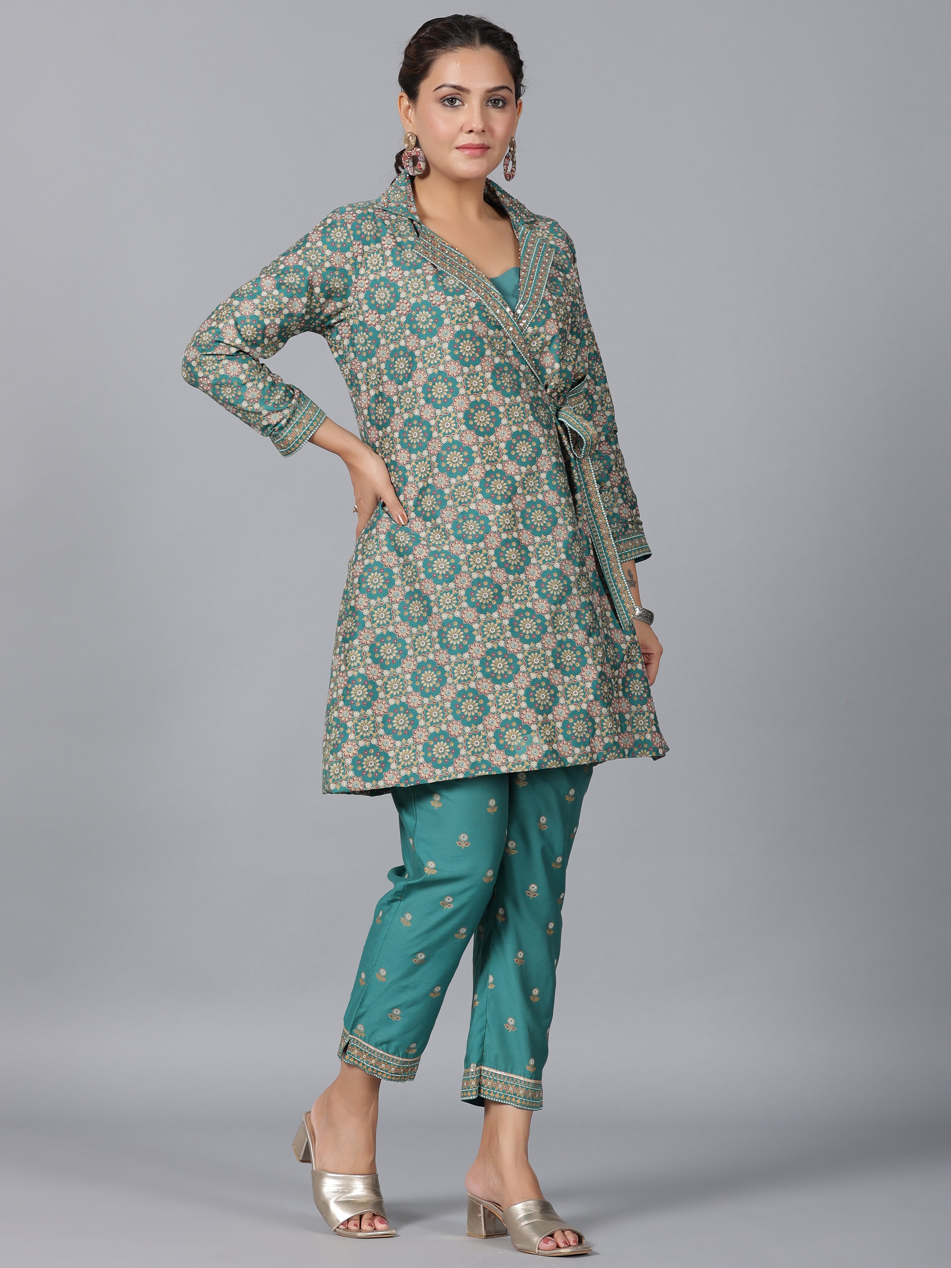 Juniper Women Teal Chanderi Printed Clothing Set
