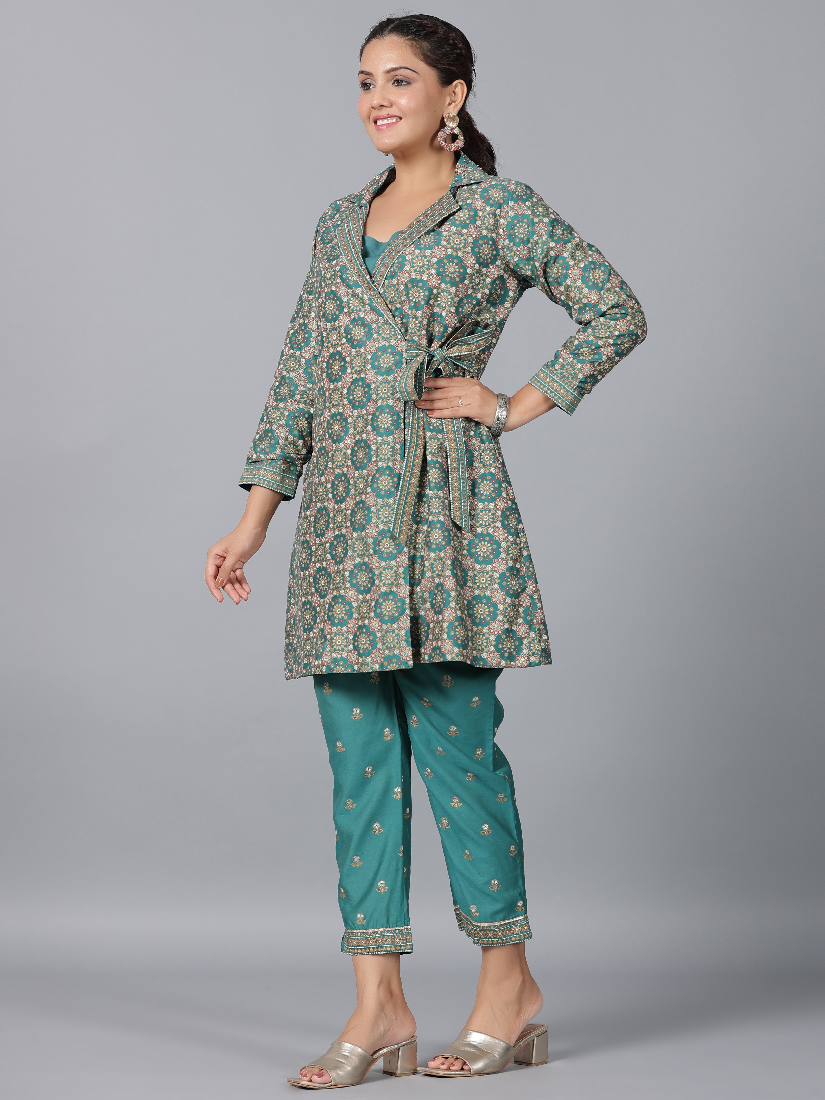 Juniper Women Teal Chanderi Printed Clothing Set