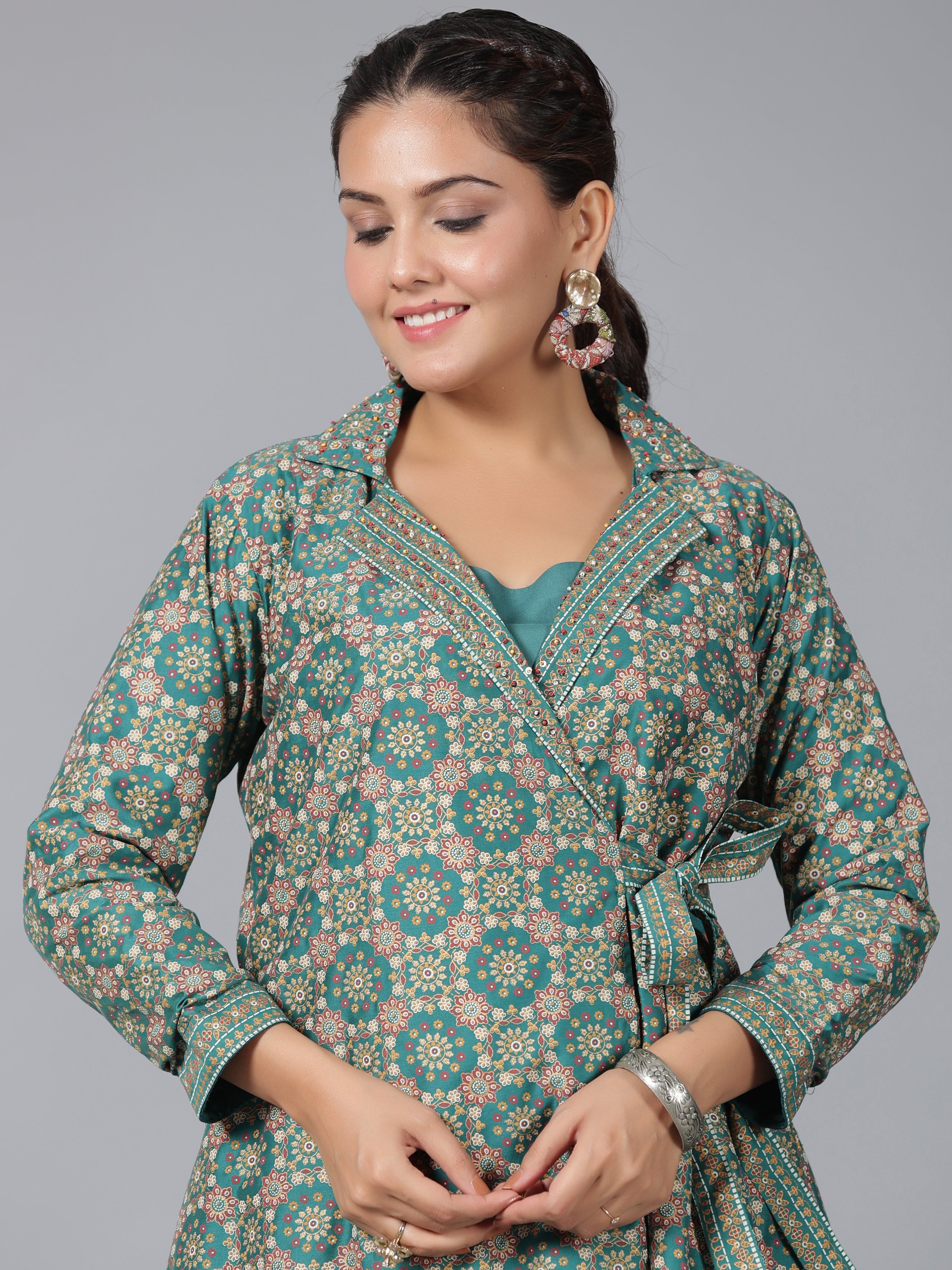Juniper Women Teal Chanderi Printed Clothing Set