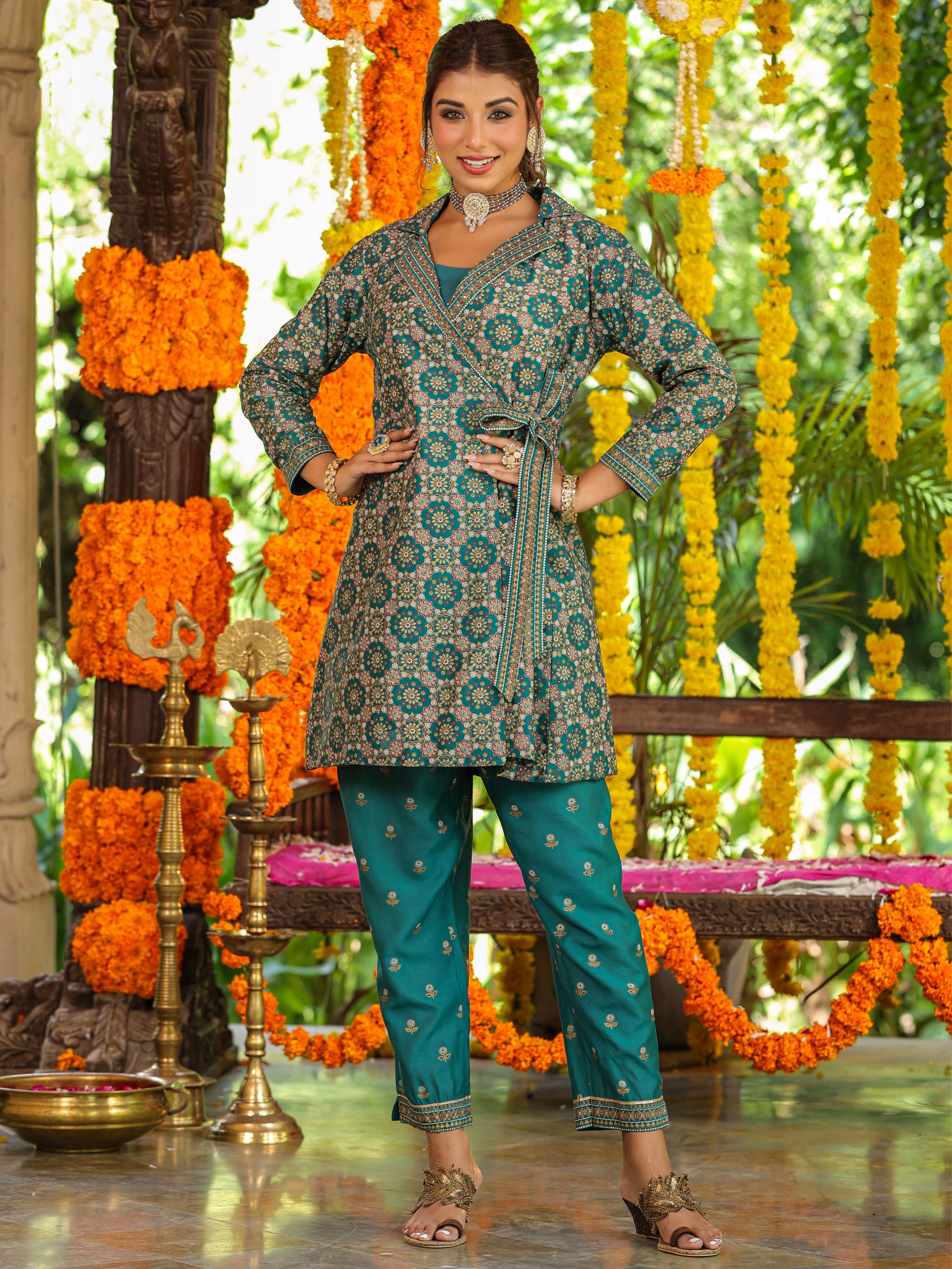 Juniper Women Teal Chanderi Printed Clothing Set