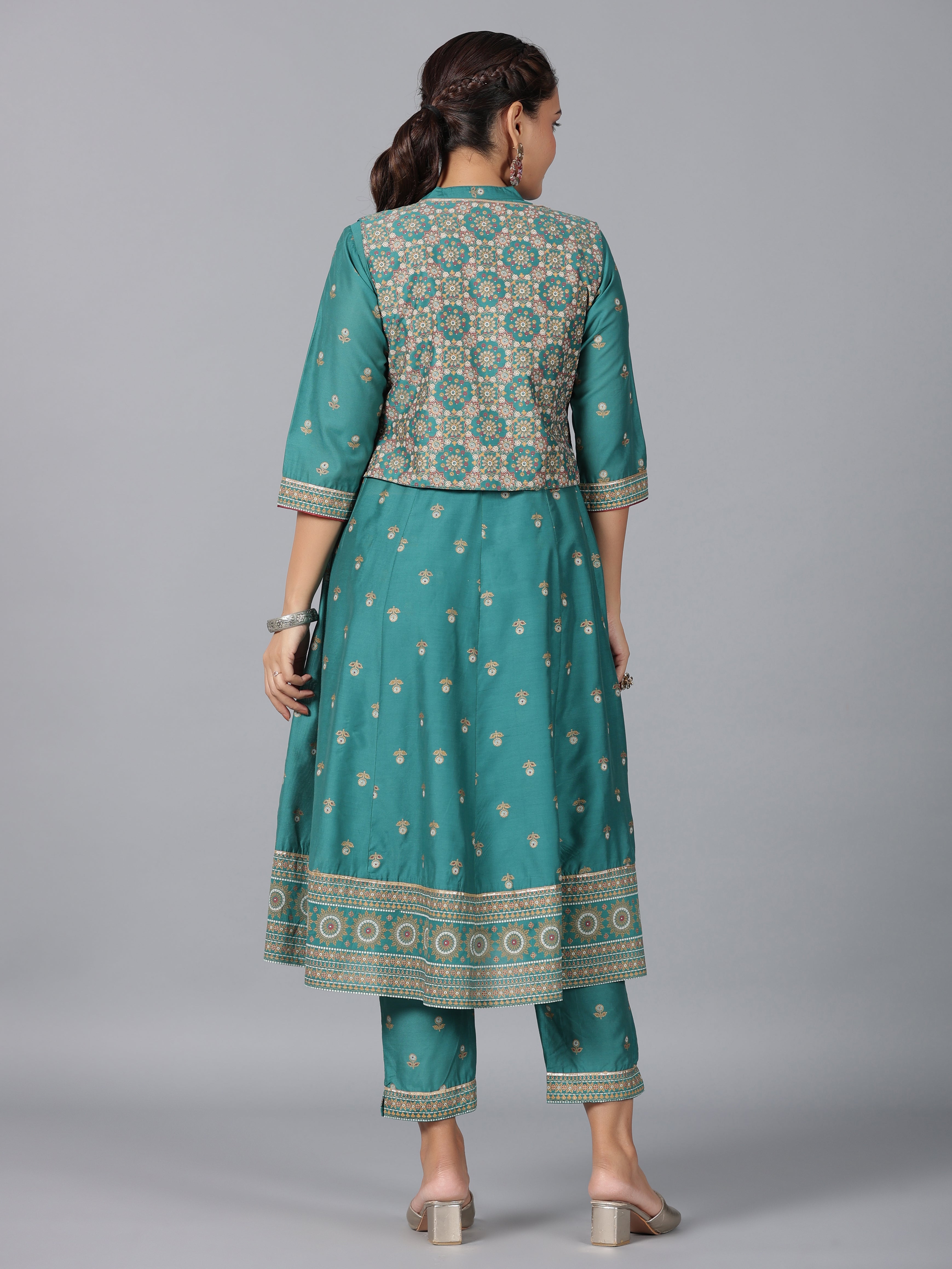 Juniper Women Teal Chanderi Printed Kurta& Pants Set