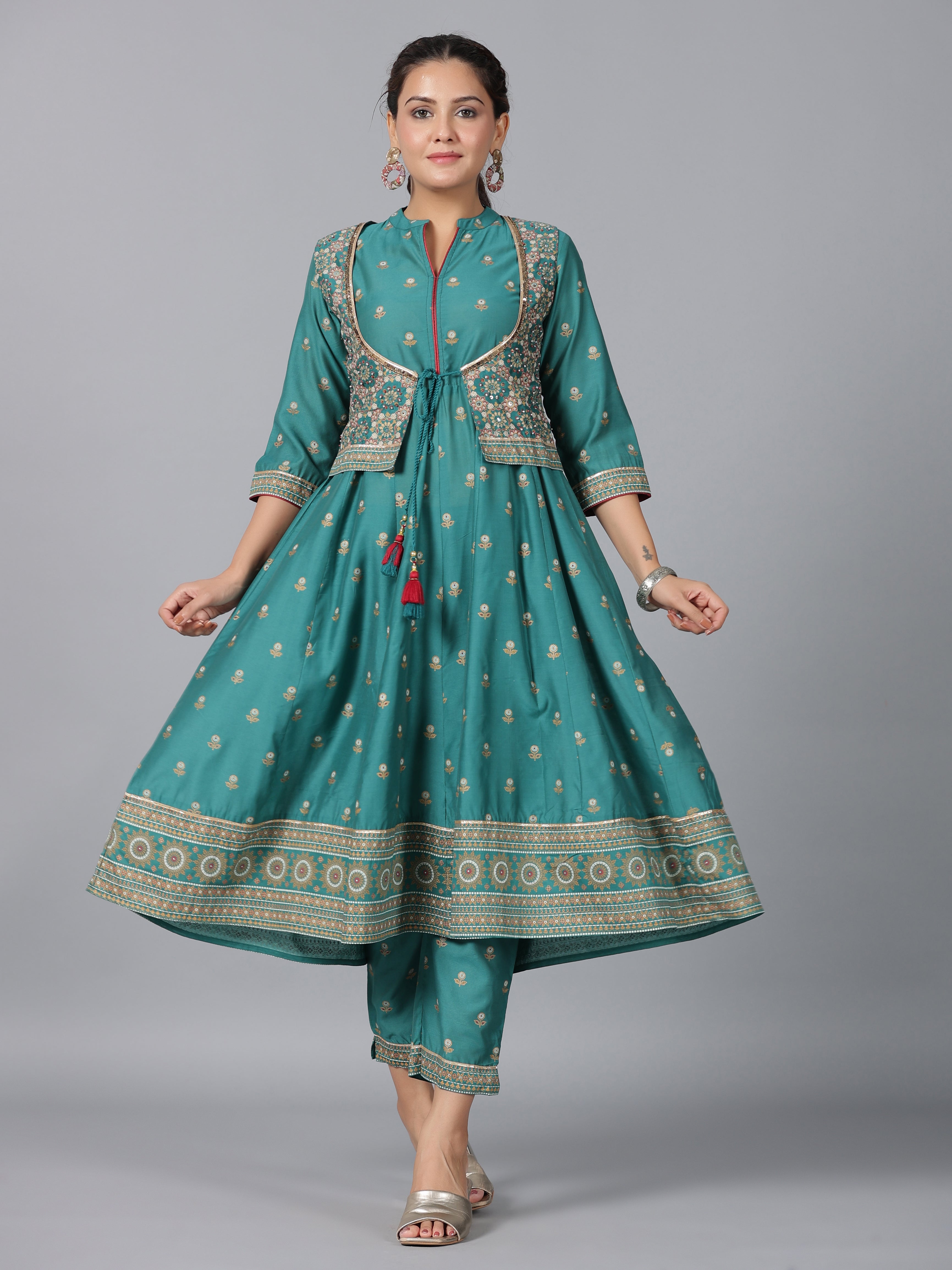 Juniper Women Teal Chanderi Printed Kurta& Pants Set