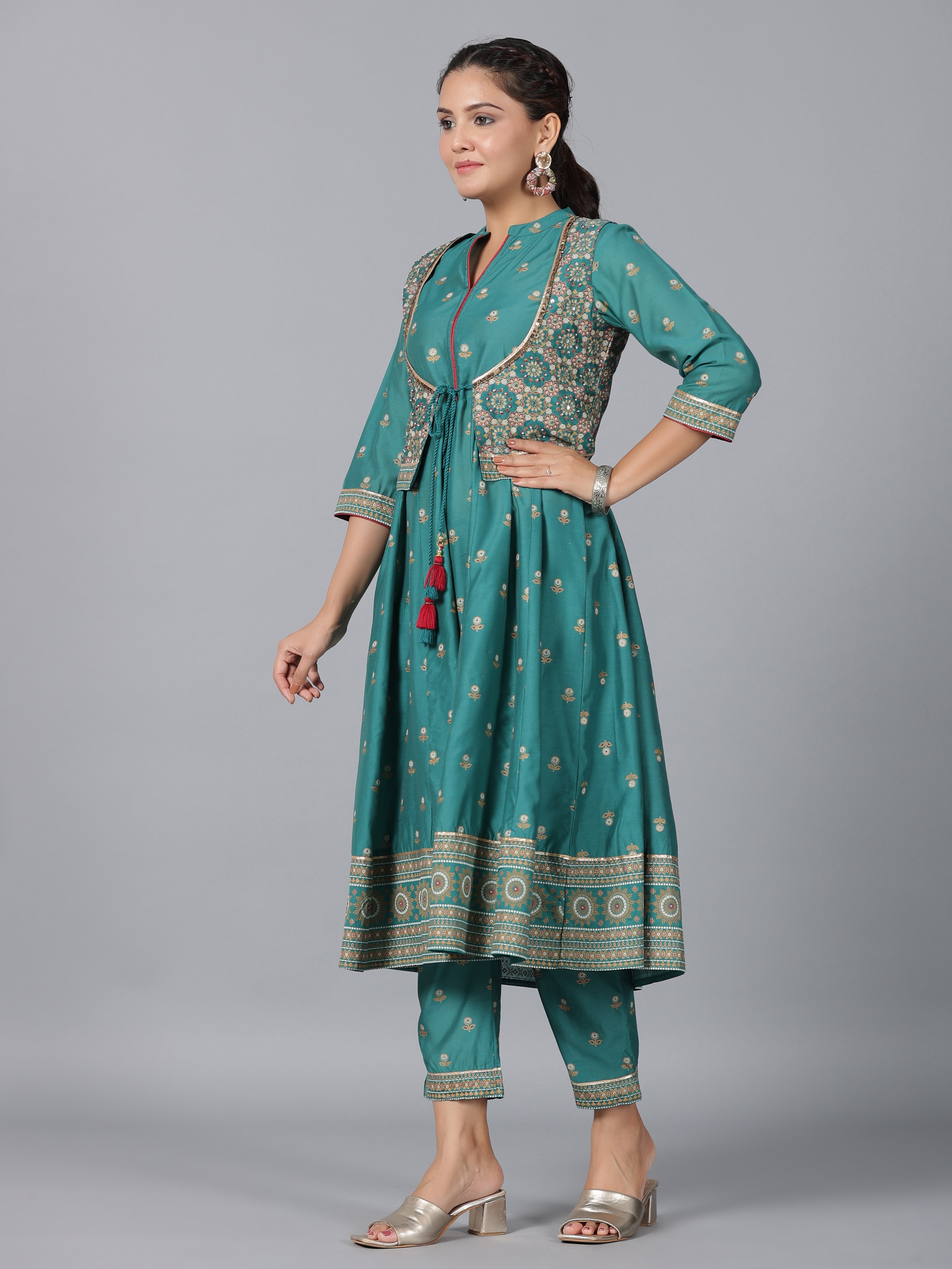 Juniper Women Teal Chanderi Printed Kurta& Pants Set