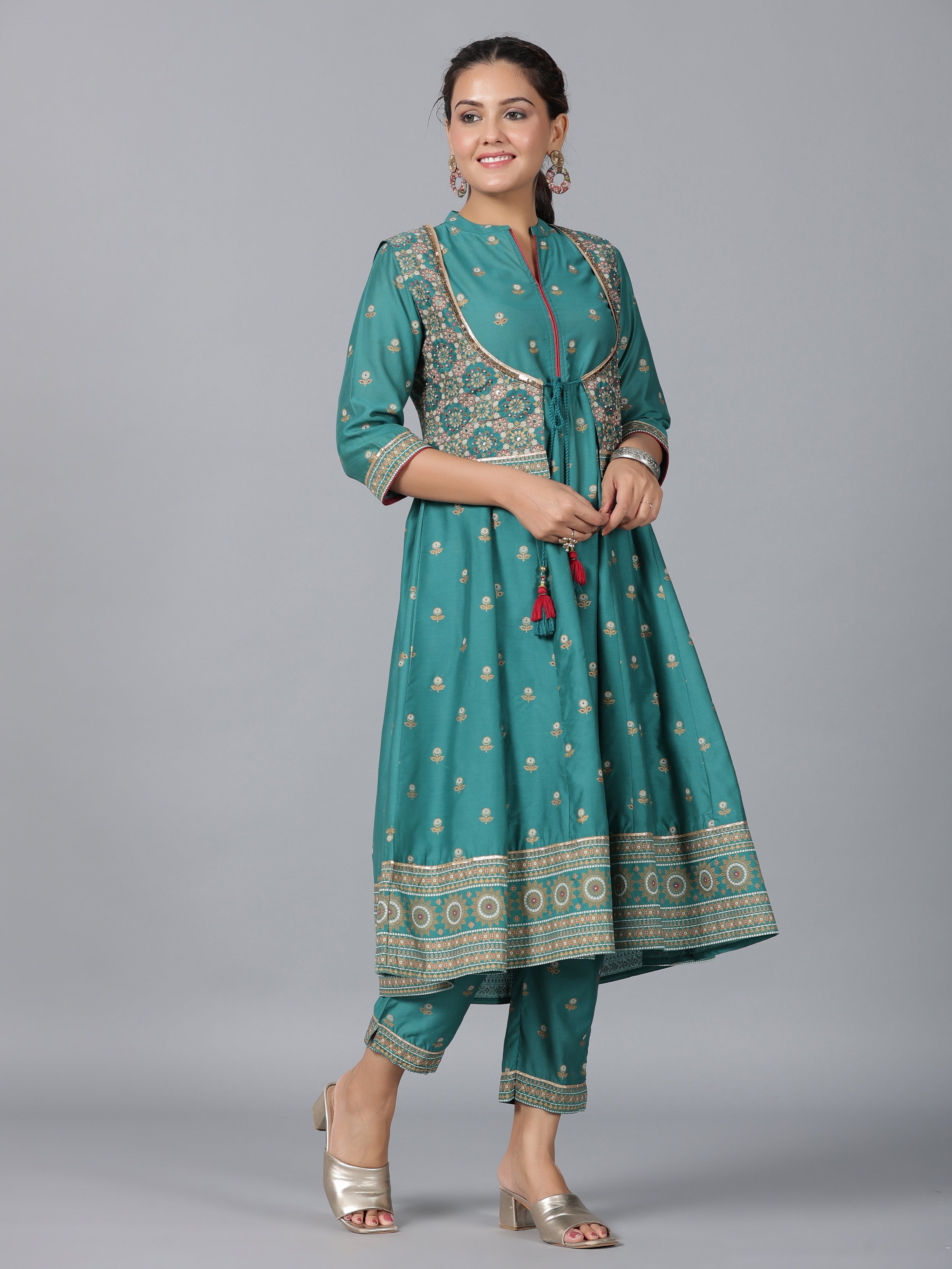 Juniper Women Teal Chanderi Printed Kurta& Pants Set