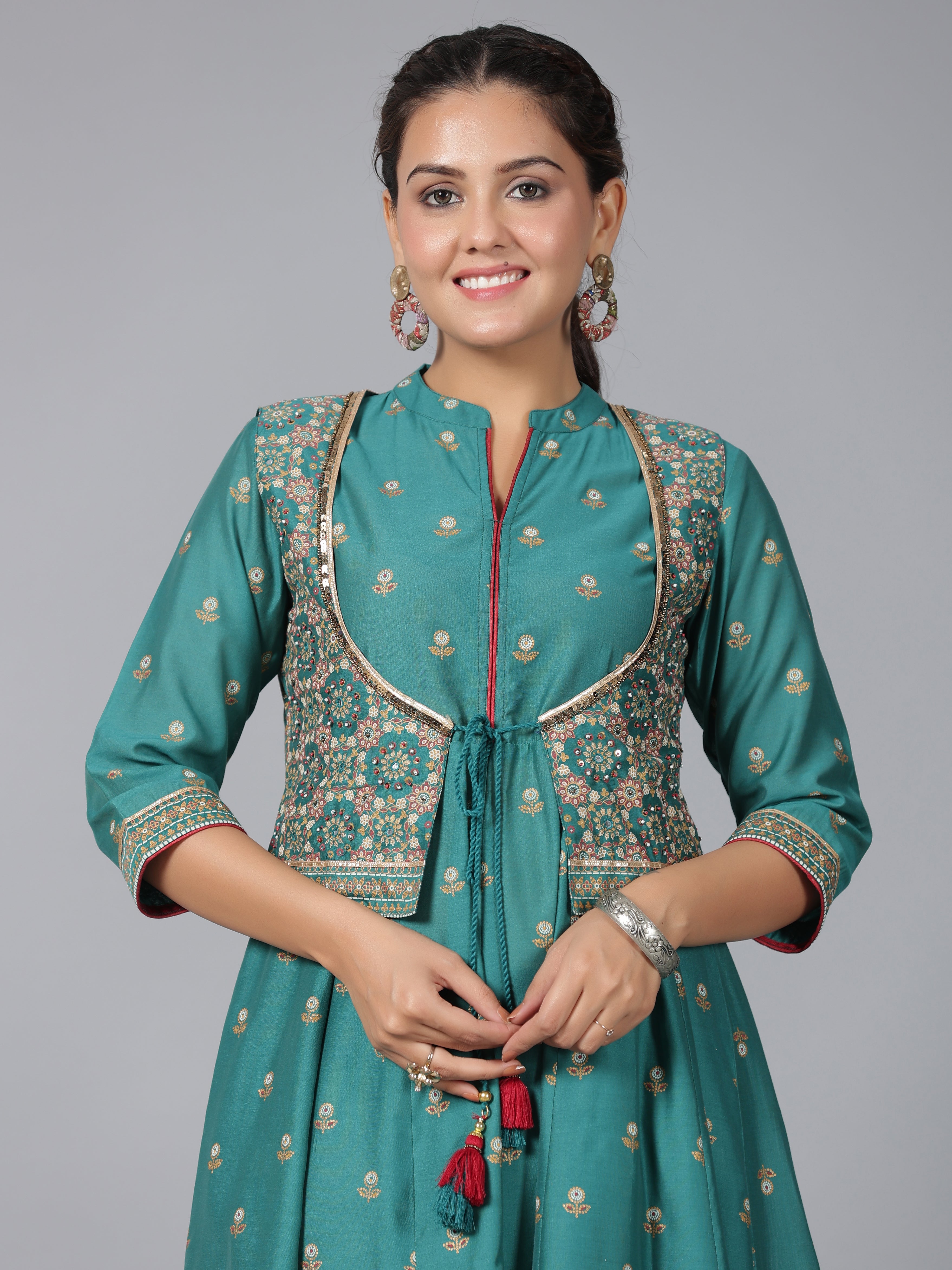 Juniper Women Teal Chanderi Printed Kurta& Pants Set
