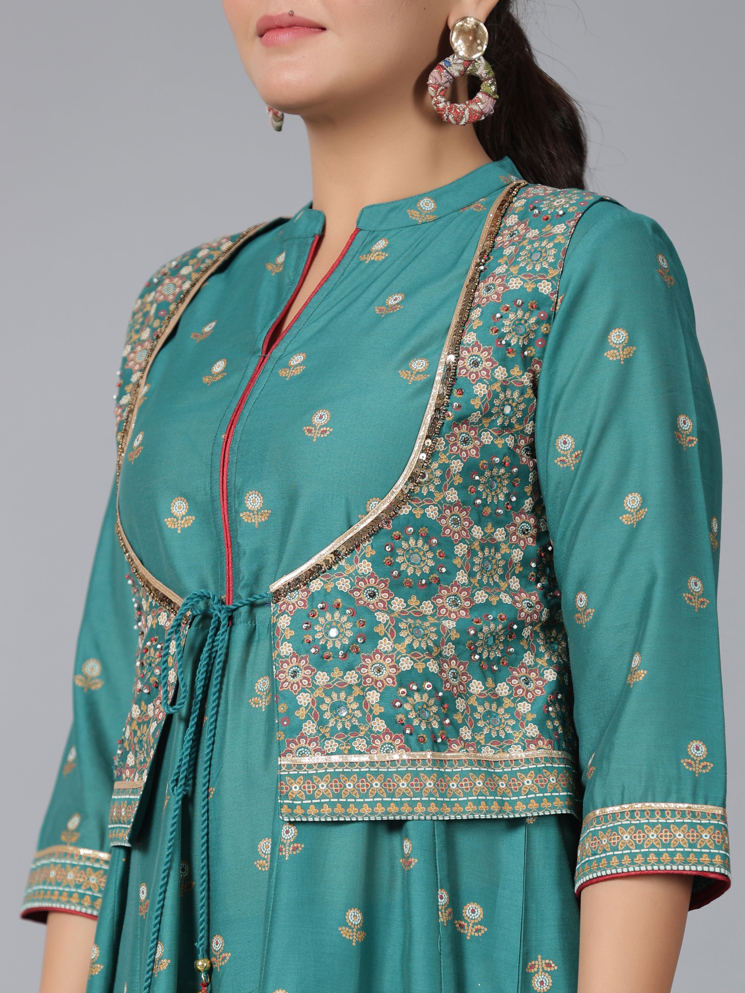 Juniper Women Teal Chanderi Printed Kurta& Pants Set
