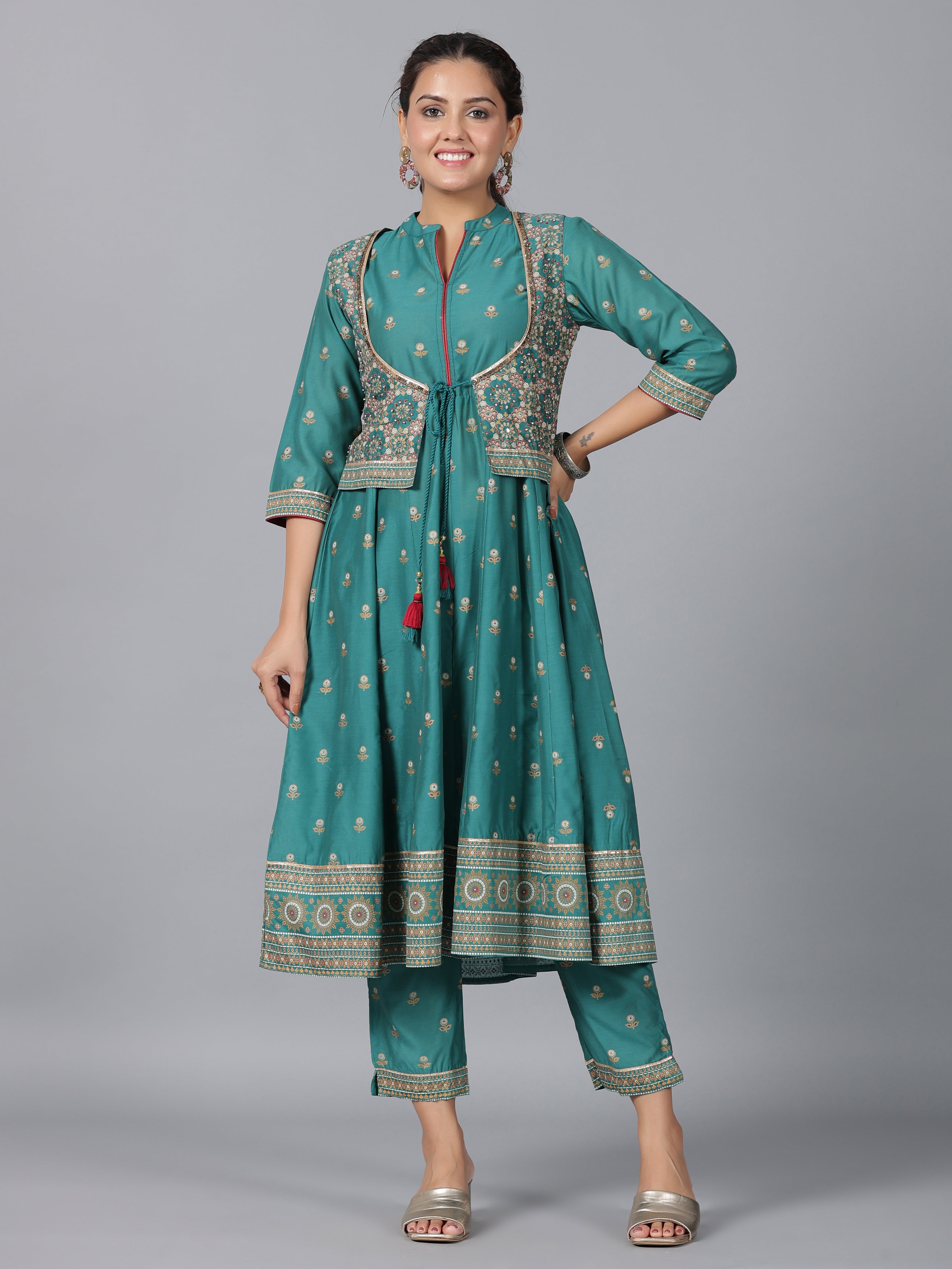 Juniper Women Teal Chanderi Printed Kurta& Pants Set