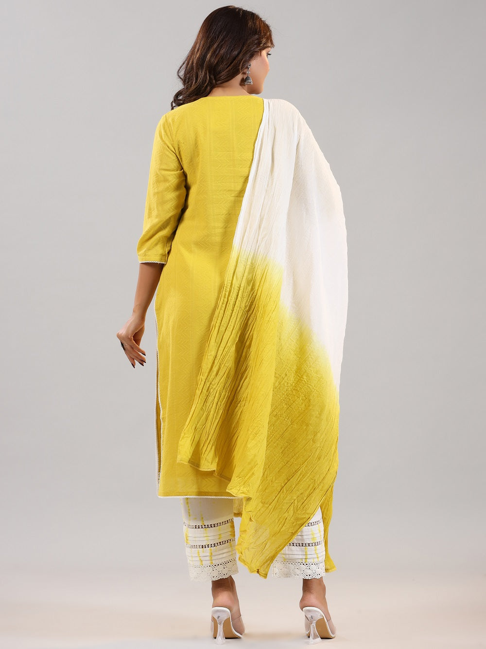 Juniper Women Lime Cotton Dobby Embroidered Kurta, Pants & Dupatta Set