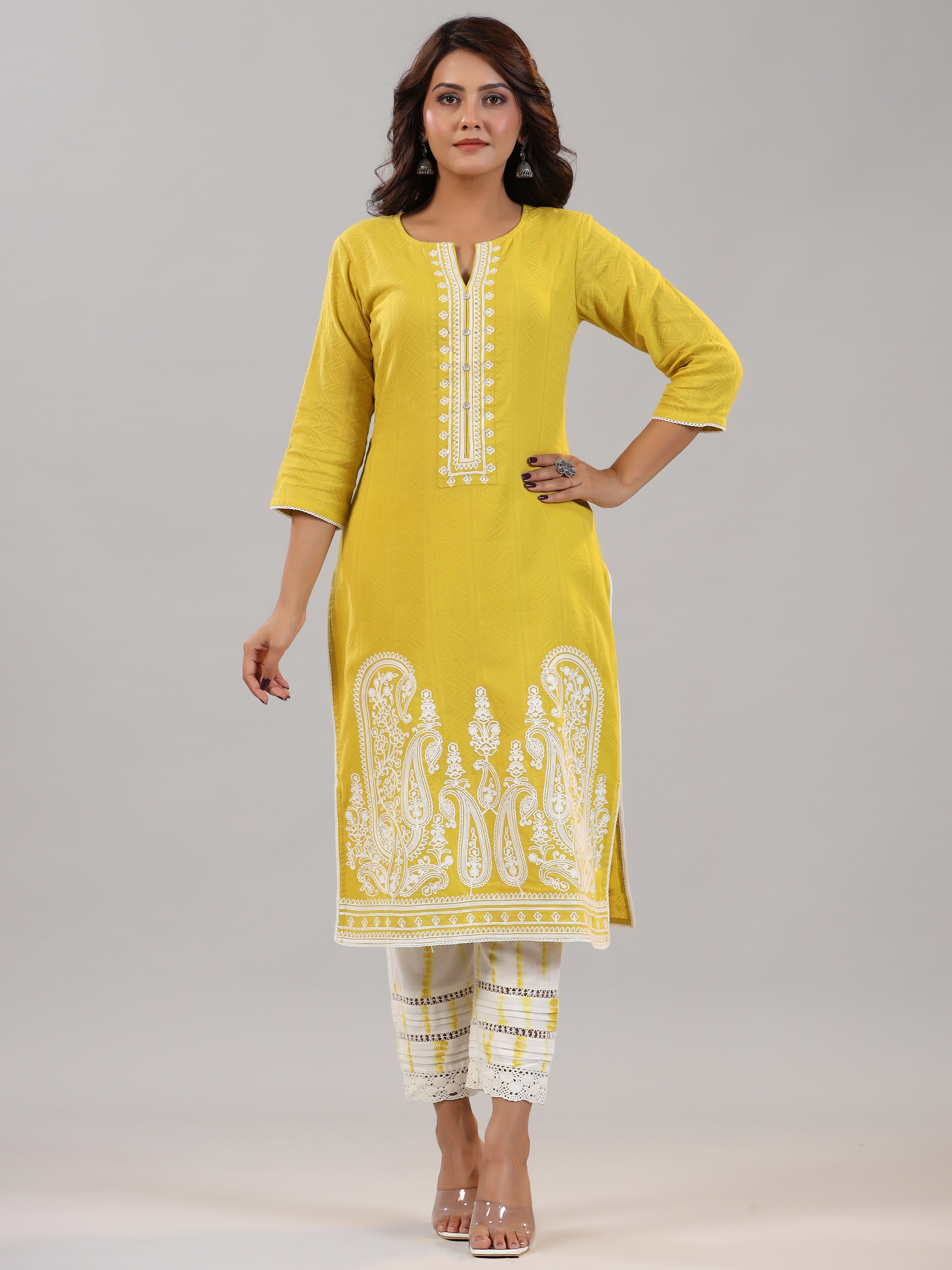 Juniper Women Lime Cotton Dobby Embroidered Kurta, Pants & Dupatta Set