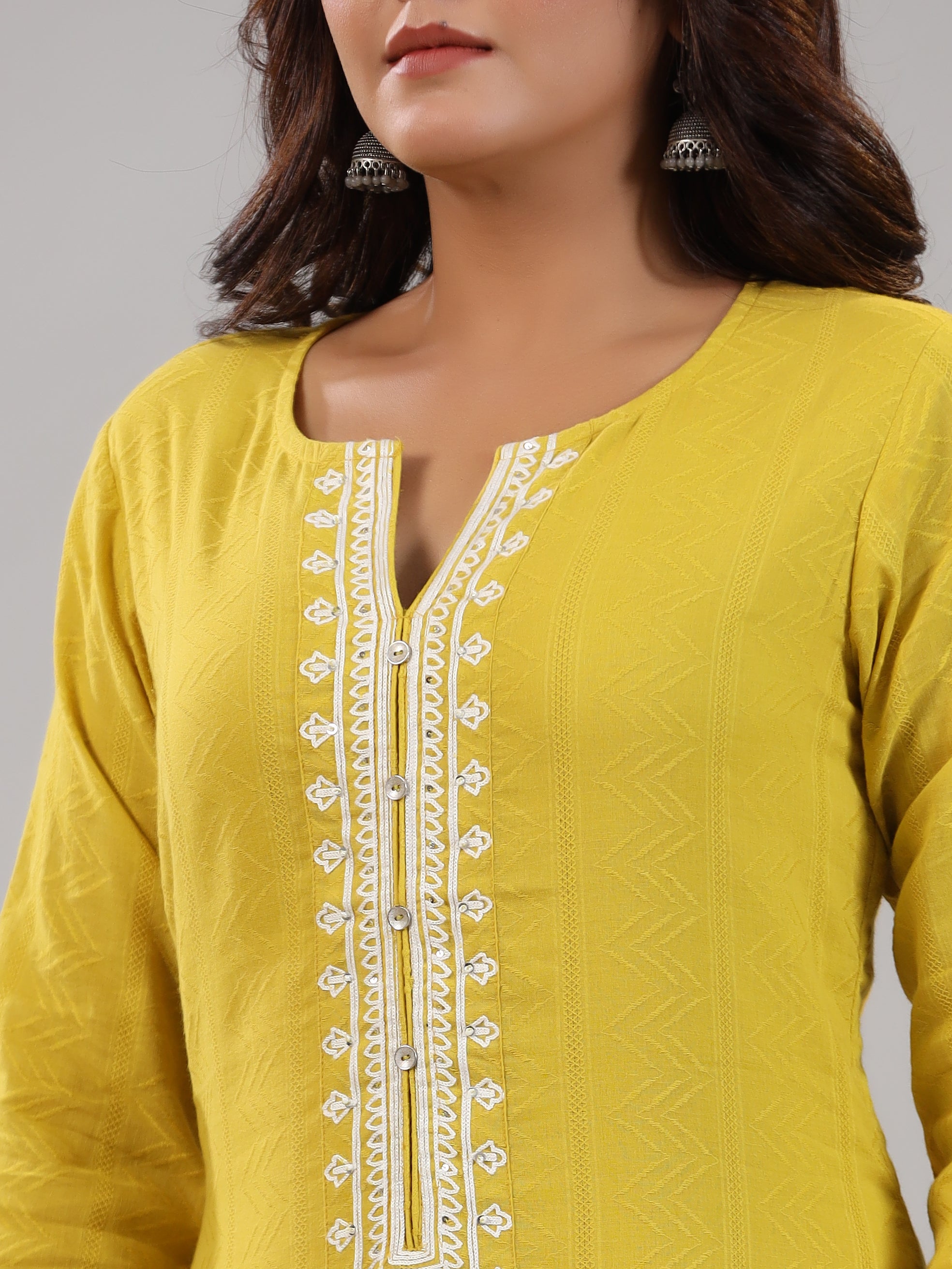 Juniper Women Lime Cotton Dobby Embroidered Kurta, Pants & Dupatta Set
