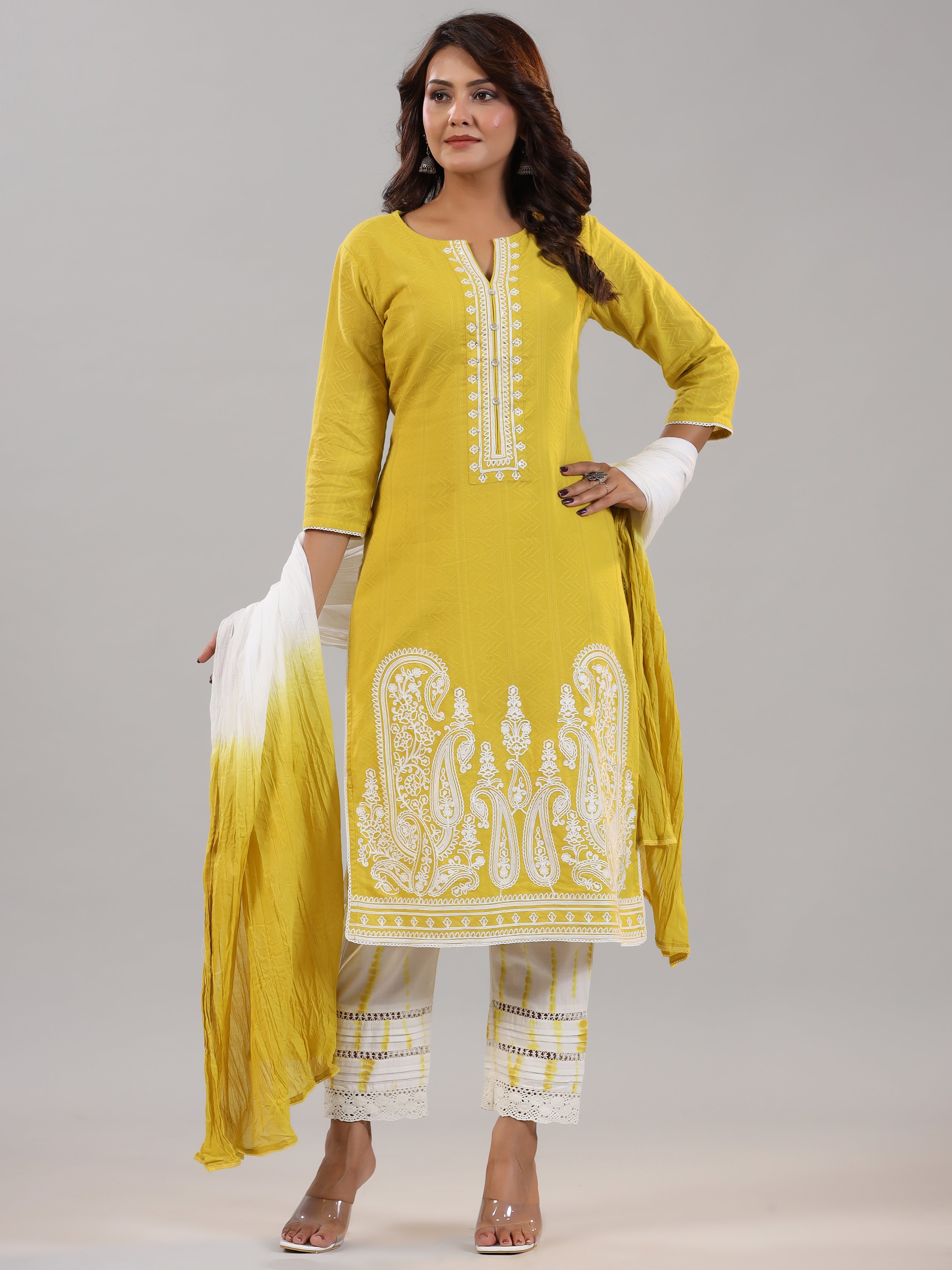 Juniper Women Lime Cotton Dobby Embroidered Kurta, Pants & Dupatta Set