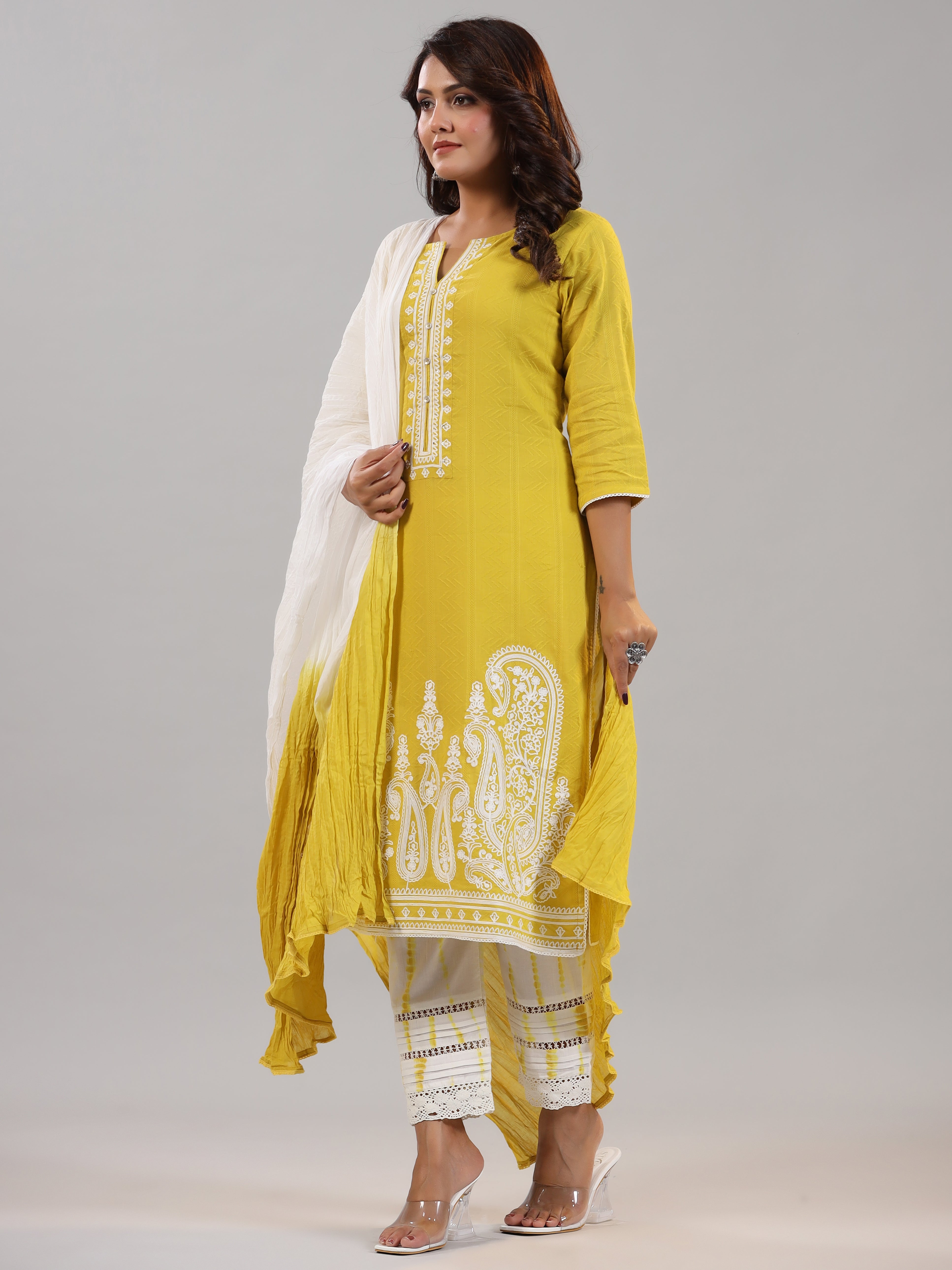 Juniper Women Lime Cotton Dobby Embroidered Kurta, Pants & Dupatta Set