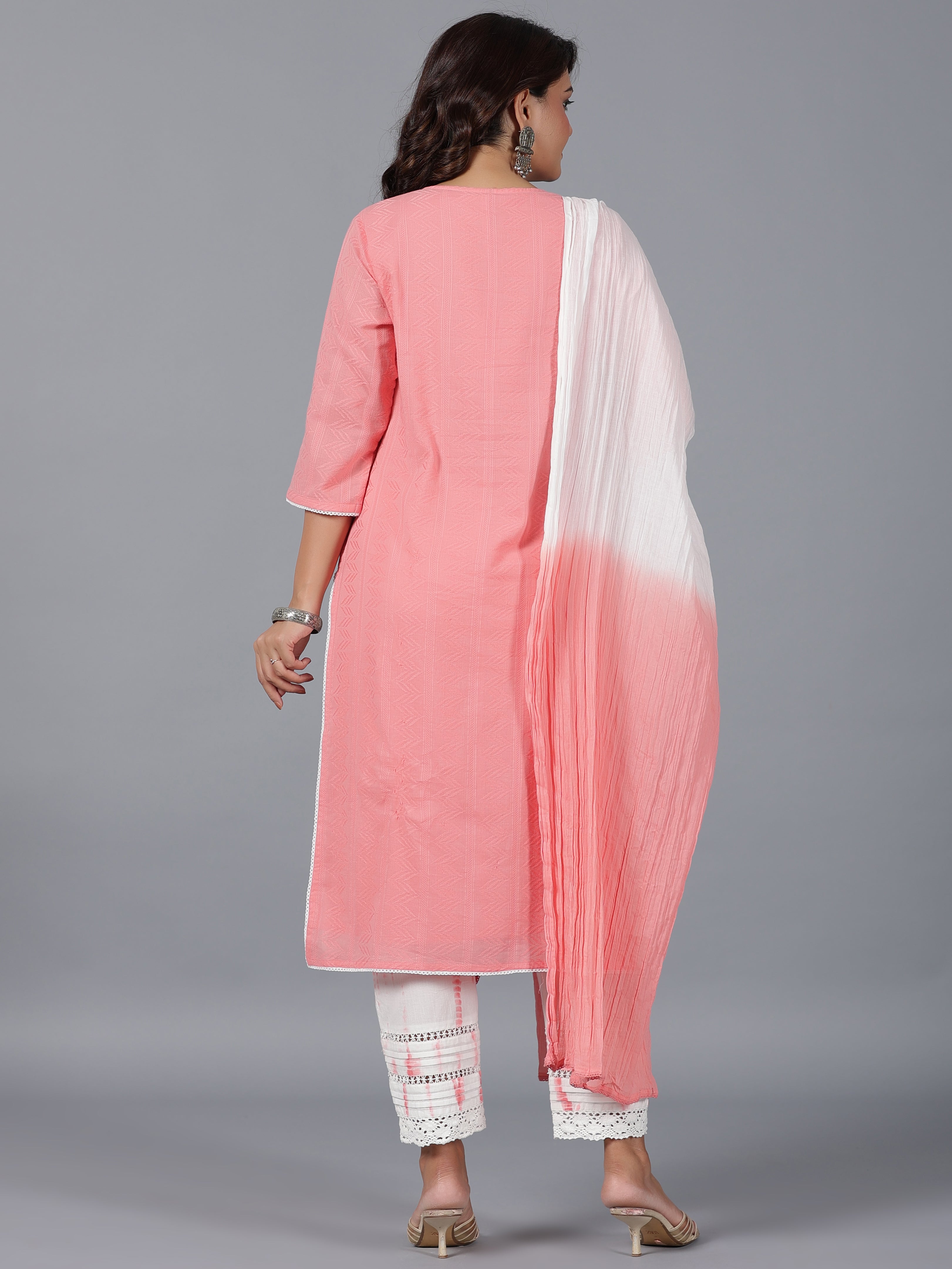 Juniper Women Peach Cotton Dobby Embroidered Kurta, Pants & Dupatta Set