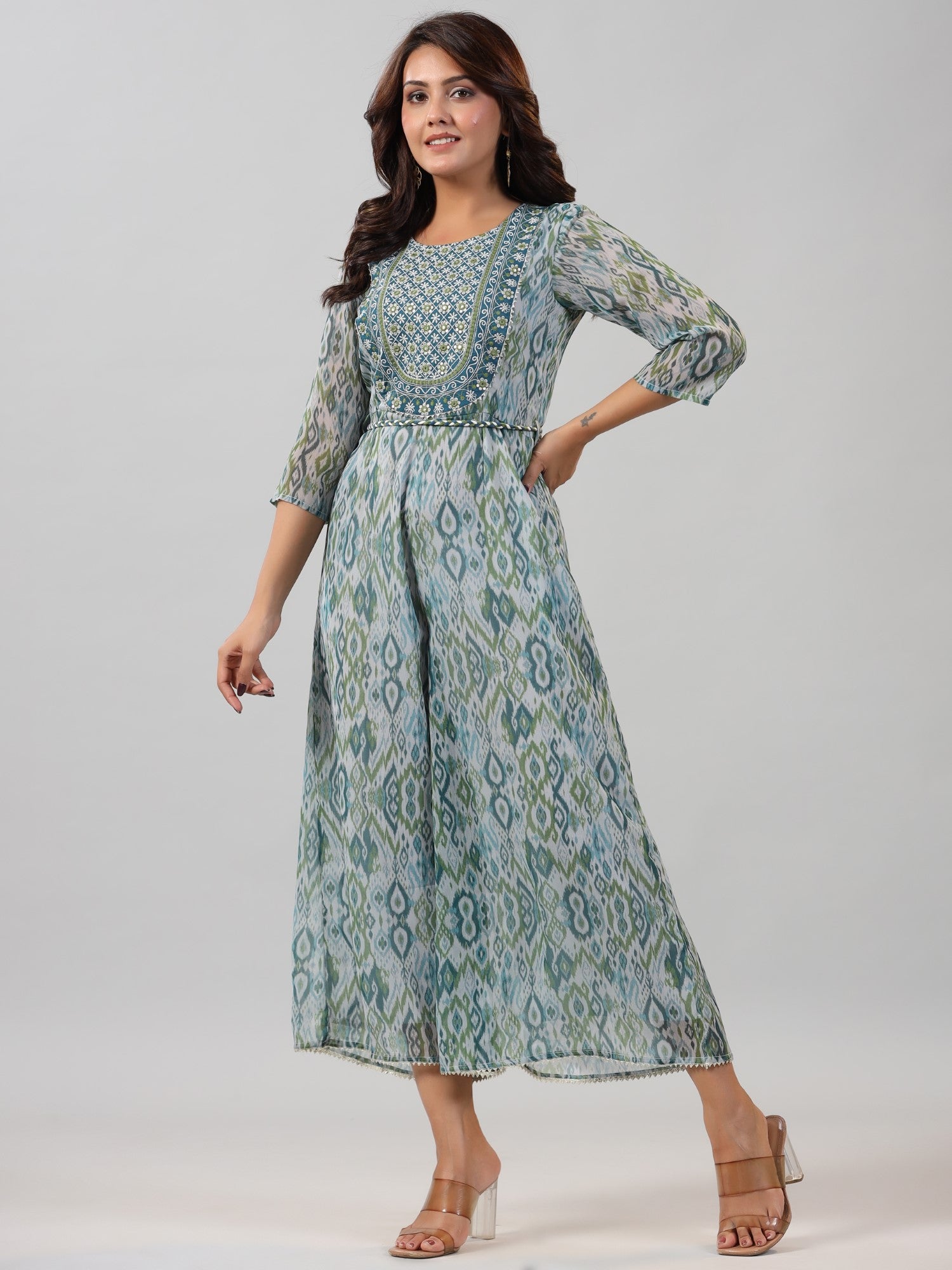 Juniper Women Green Chiffon Printed with Embroidery Jumpsuit