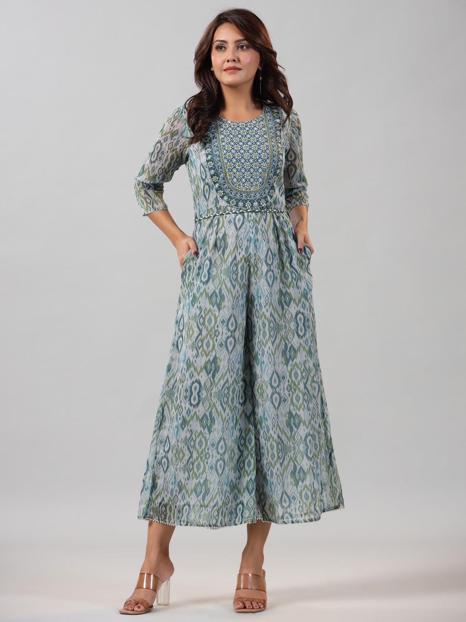 Juniper Women Green Chiffon Printed with Embroidery Jumpsuit