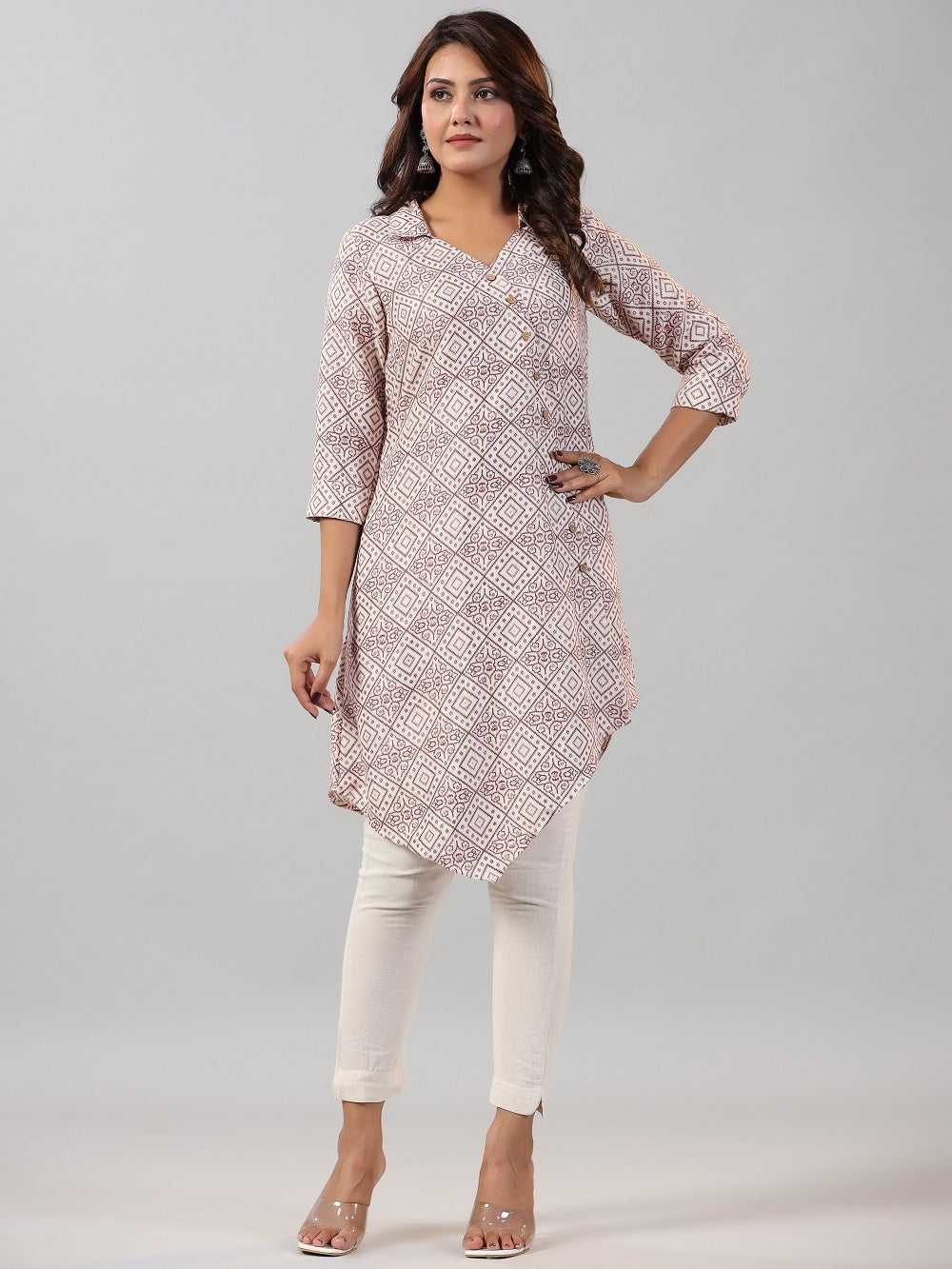 Juniper Off-White Geometric Printed Asymmetric Kurta.