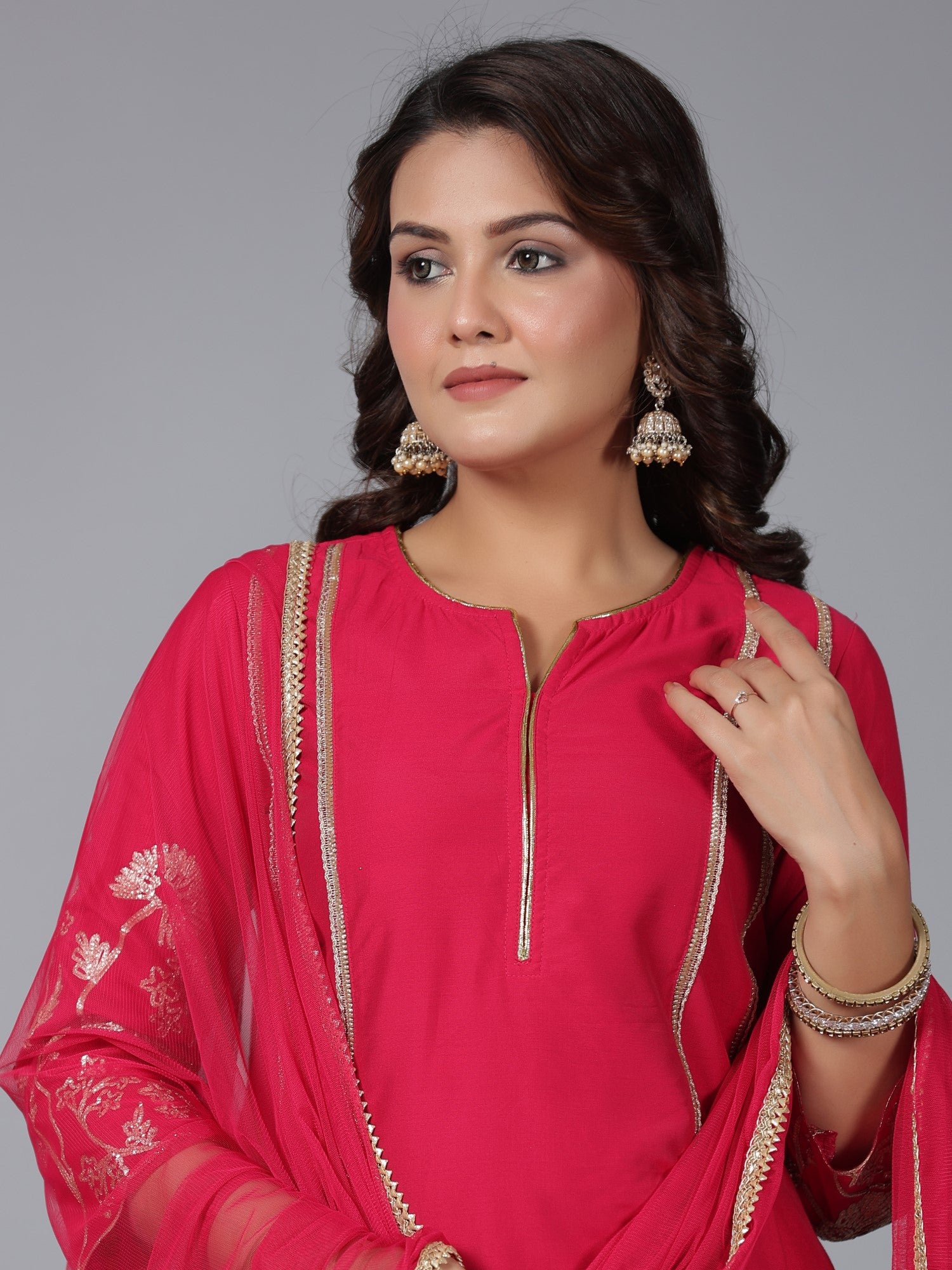 Juniper Women Fuchsia Chanderi Gota Patti Kurta, Palazzo & Dupatta Set