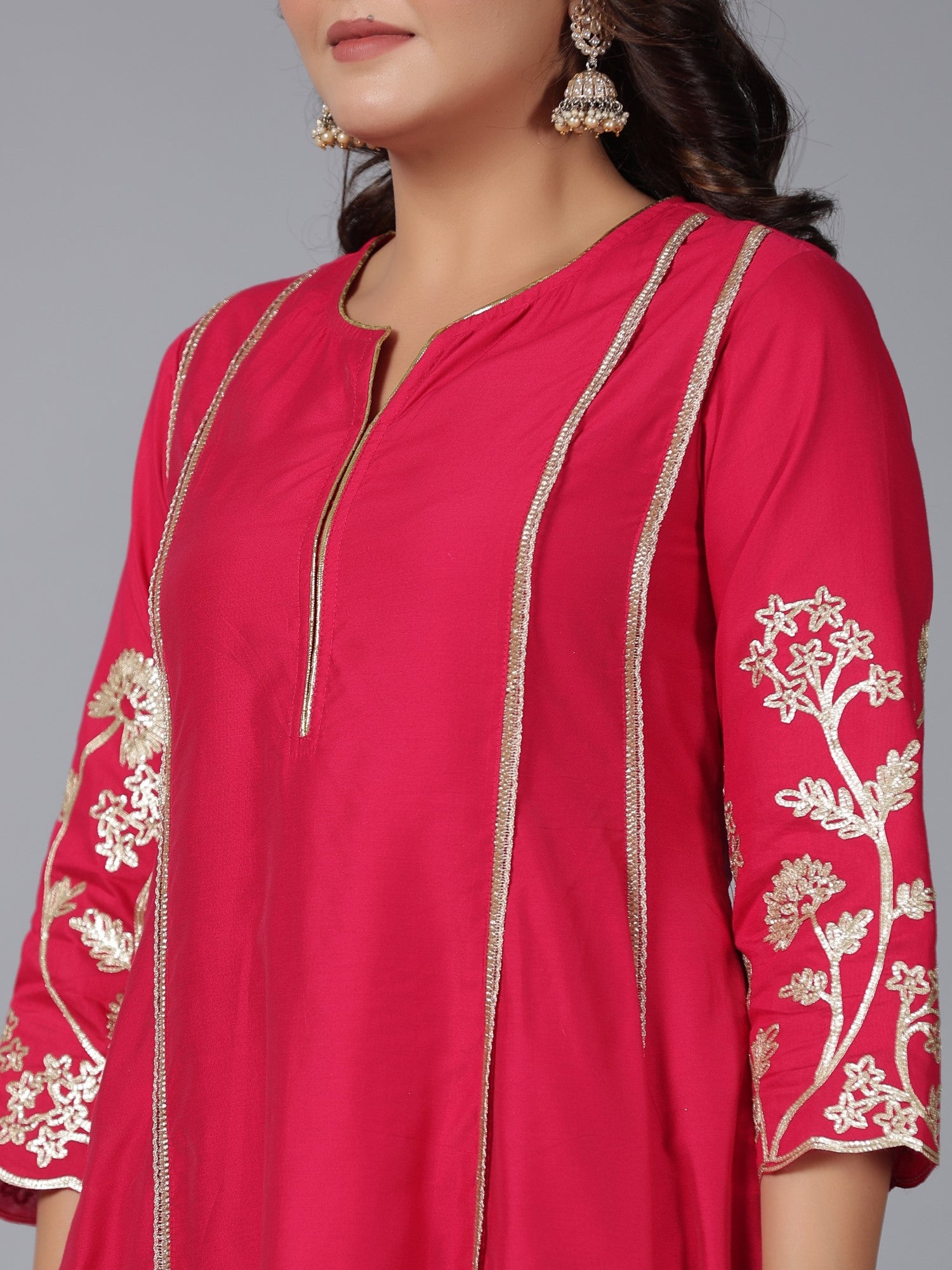 Juniper Women Fuchsia Chanderi Gota Patti Kurta, Palazzo & Dupatta Set