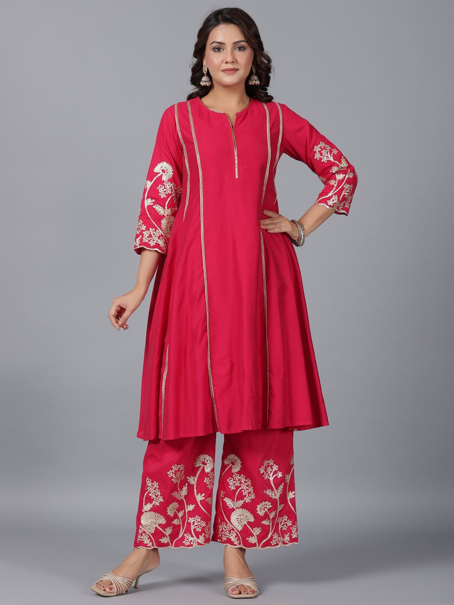 Juniper Women Fuchsia Chanderi Gota Patti Kurta, Palazzo & Dupatta Set