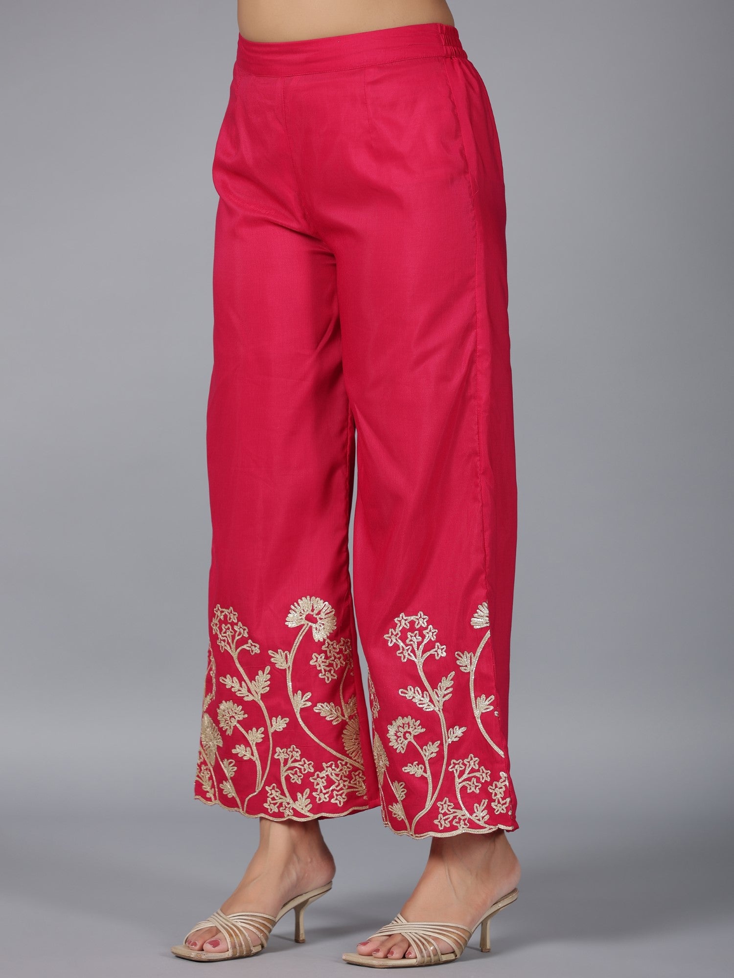 Juniper Women Fuchsia Chanderi Gota Patti Kurta, Palazzo & Dupatta Set